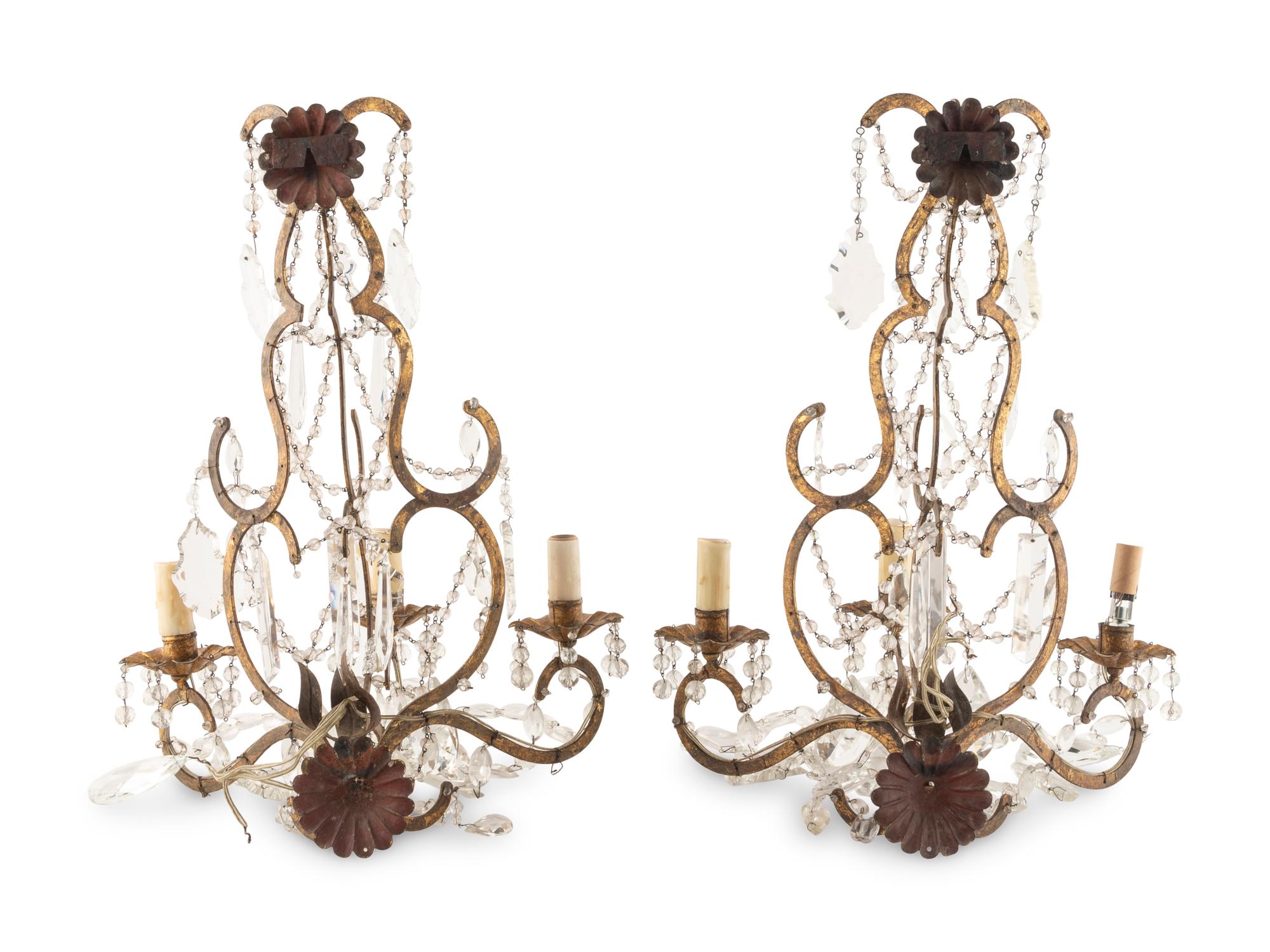 A Pair of Italian Gilt Metal Three-Light Sconces