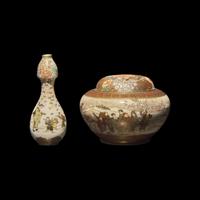 A Japanese Satsuma Type Enameled Pottery Miniature Vase and Covered Koro, Meiji Period