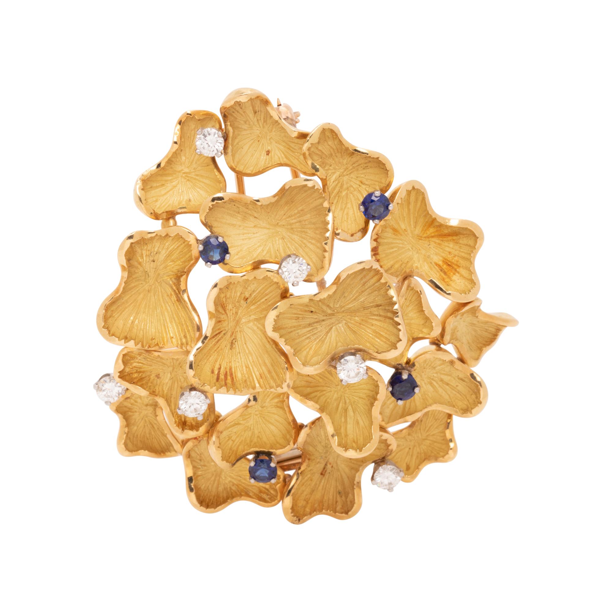 YELLOW GOLD, DIAMOND AND SAPPHIRE BROOCH