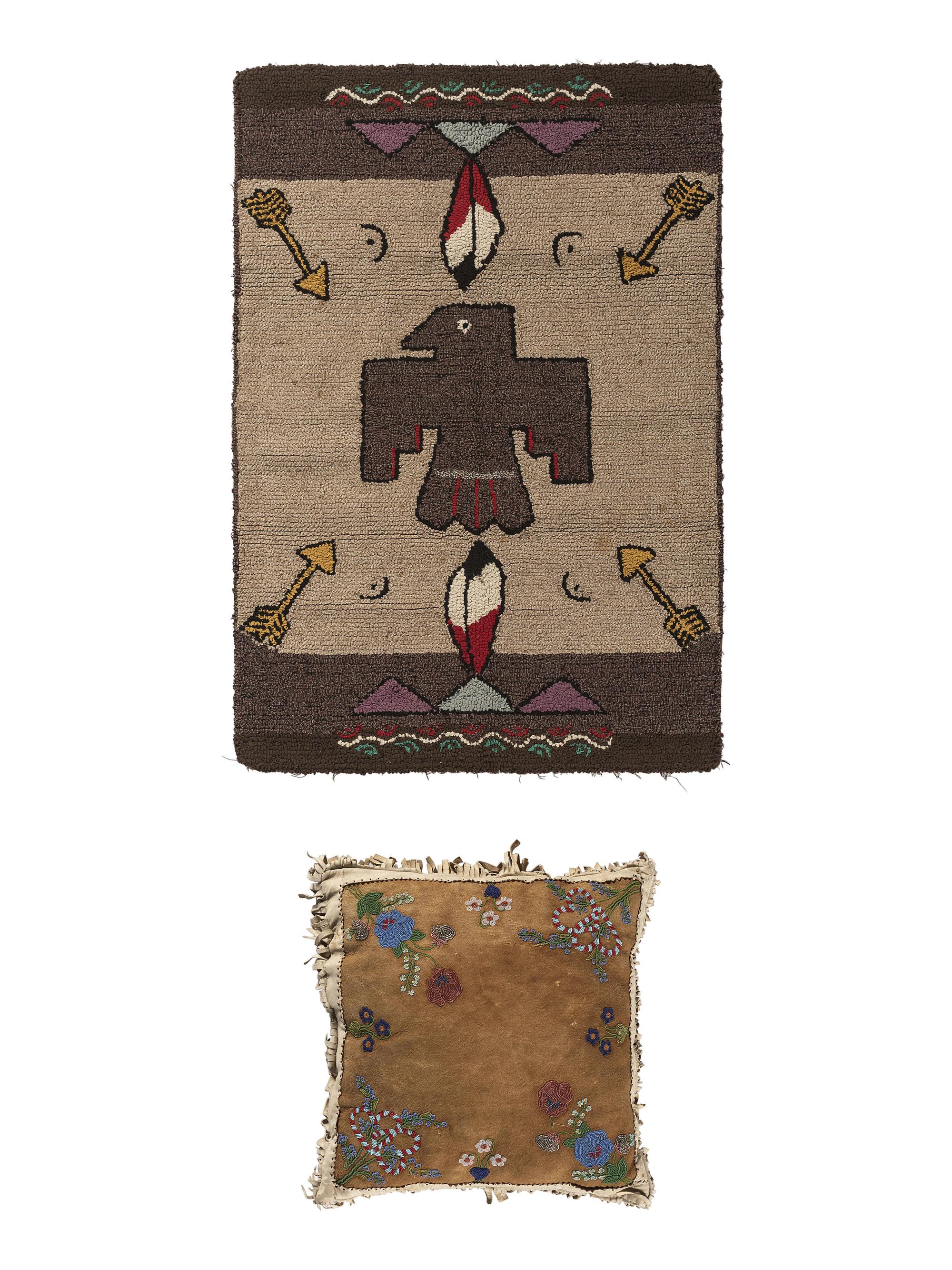Northern Cree Beaded Hide Pillow and Native-Inspired Hook Rug