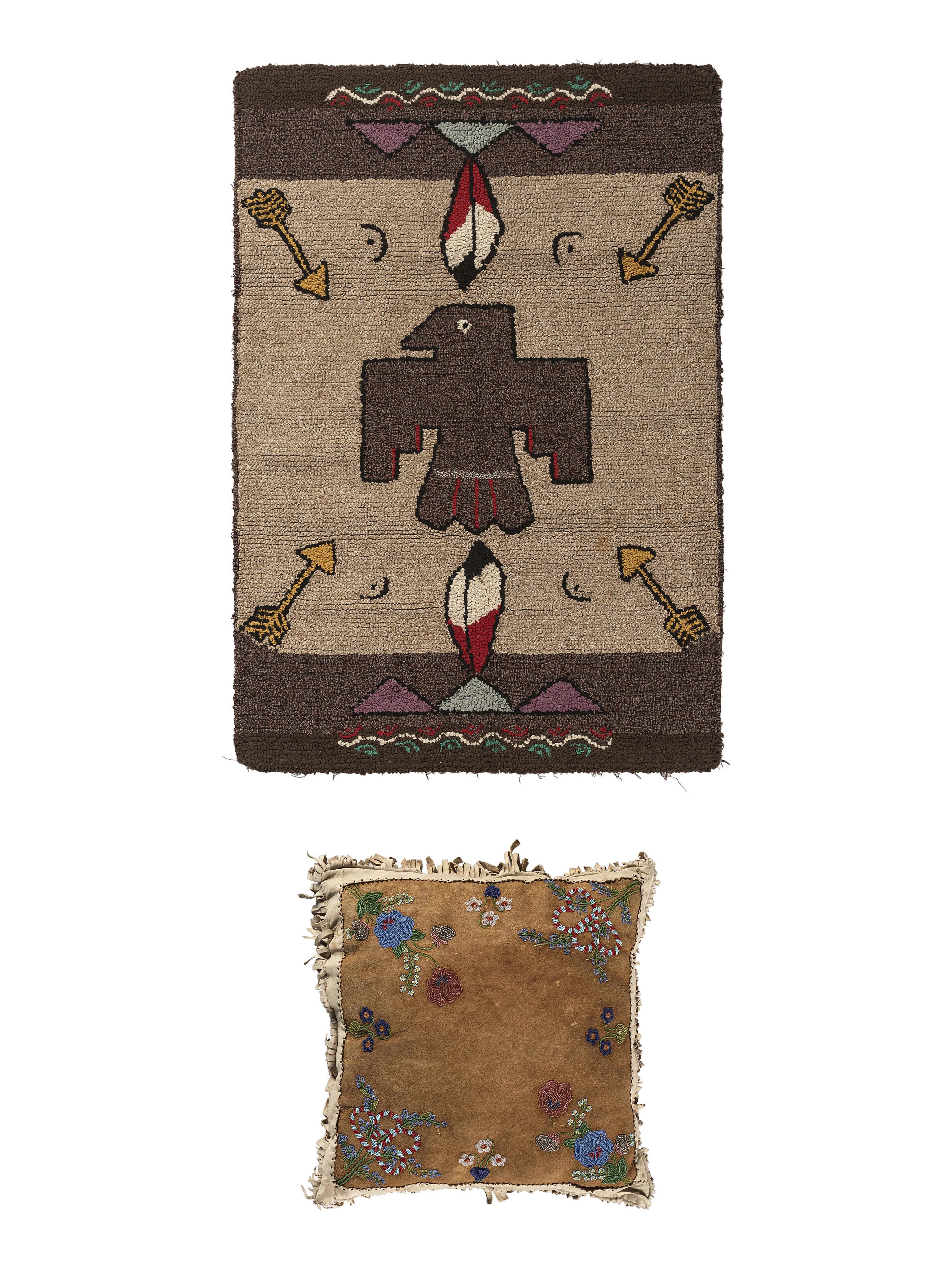 Northern Cree Beaded Hide Pillow and Native-Inspired Hook Rug