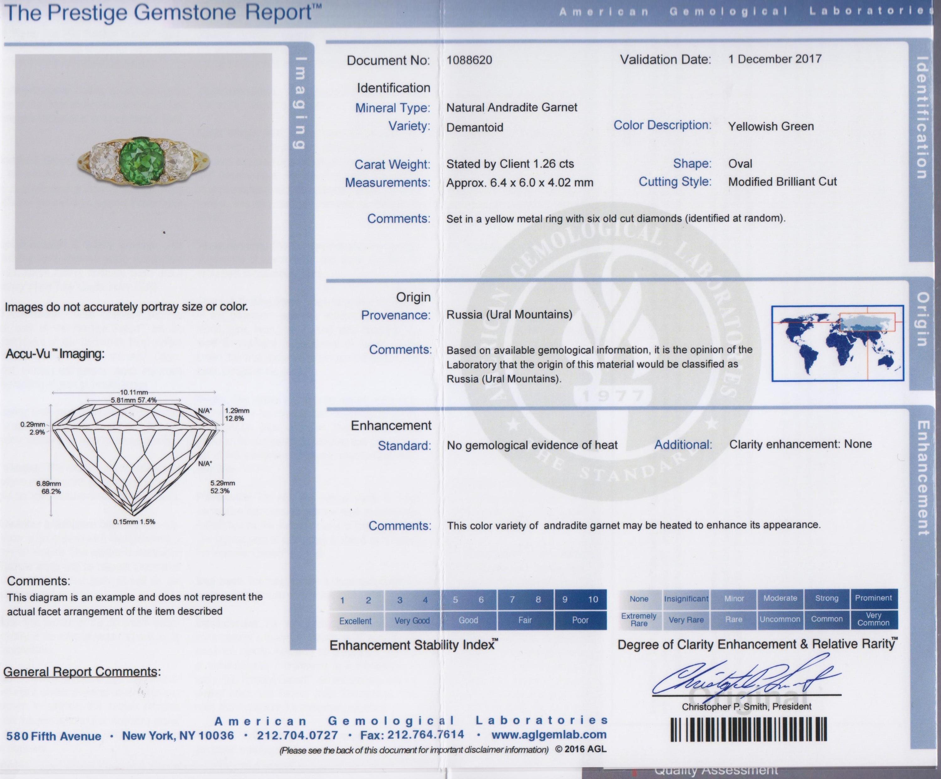 An Art Nouveau 18 Karat Yellow Gold, Russian Demantoid Garnet and Diamond Ring, 2.30 dwts.