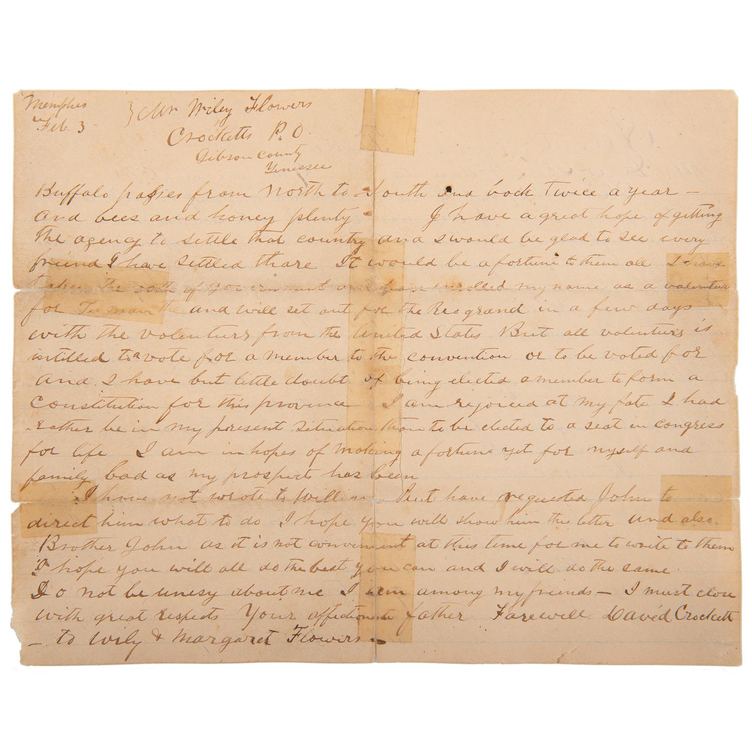David Crockett's " Garden Spot of the World " Letter, Period Manuscript Copy Descended Directly in the Crockett Family