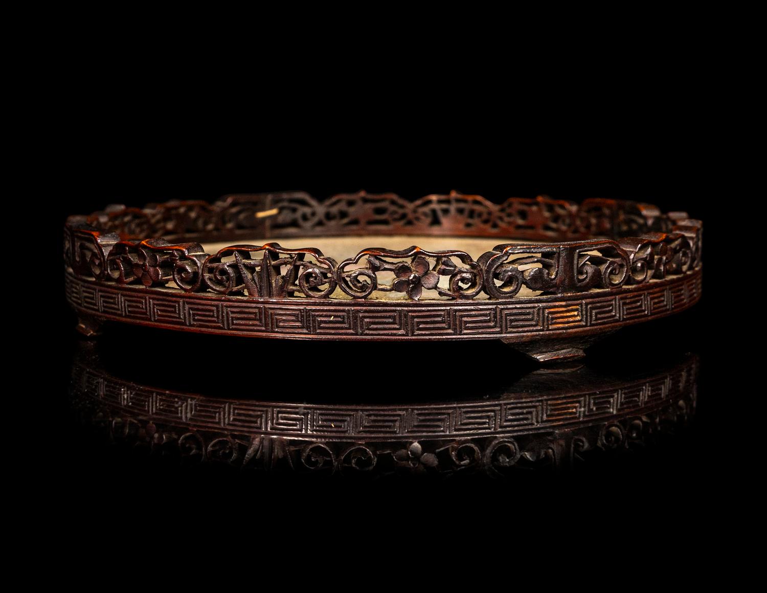 A Chinese Kesi Silk Inset Wood Tray