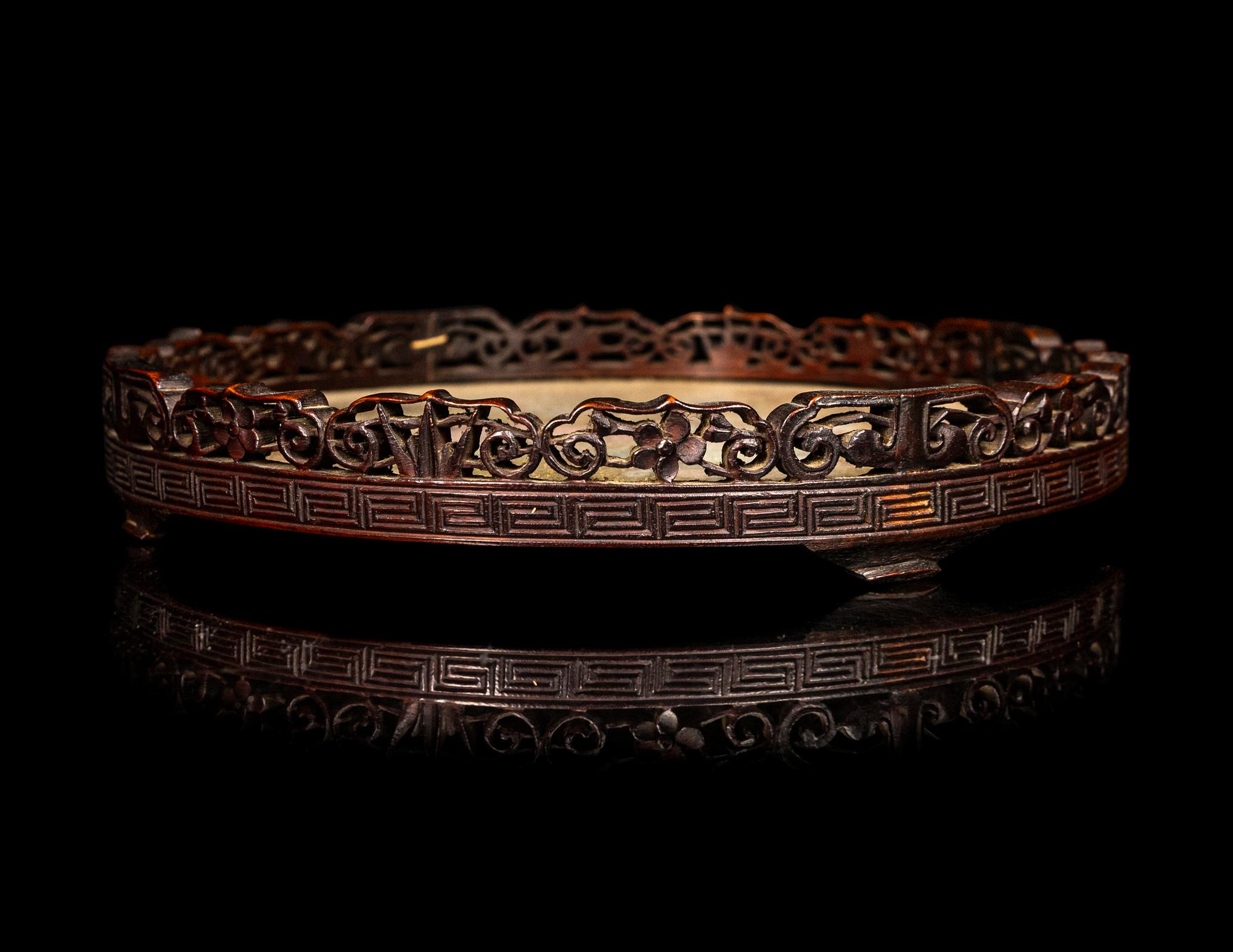 A Chinese Kesi Silk Inset Wood Tray