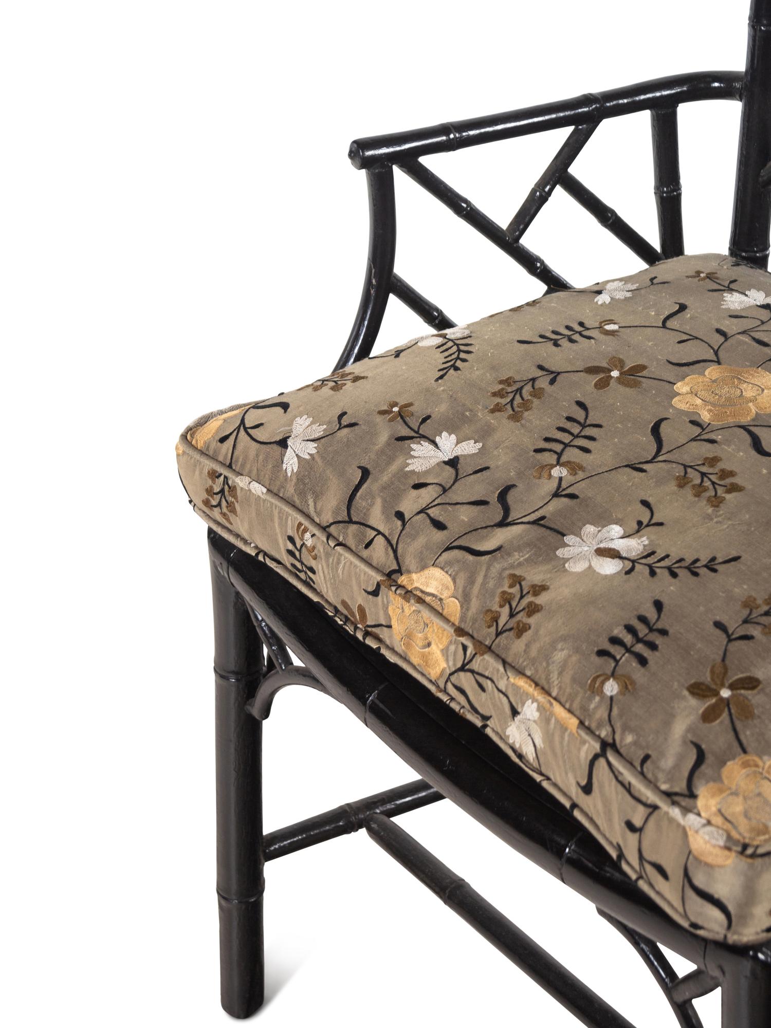 A Pair of Chinese Chippendale Style Black Painted Faux Bamboo Armchairs