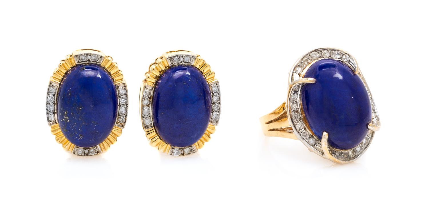 A Collection of 14 Karat Yellow Gold, Lapis Lazuli and Diamond Jewelry, 9.40 dwts.