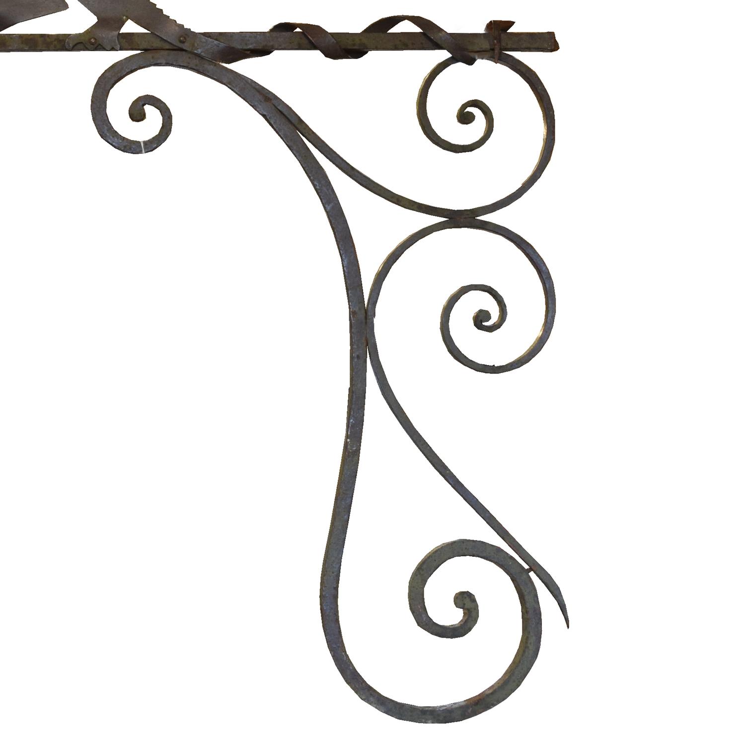 A Wrought Iron Sign Bracket with a Fouine 73" W x 1.5" D x 54" H — France
