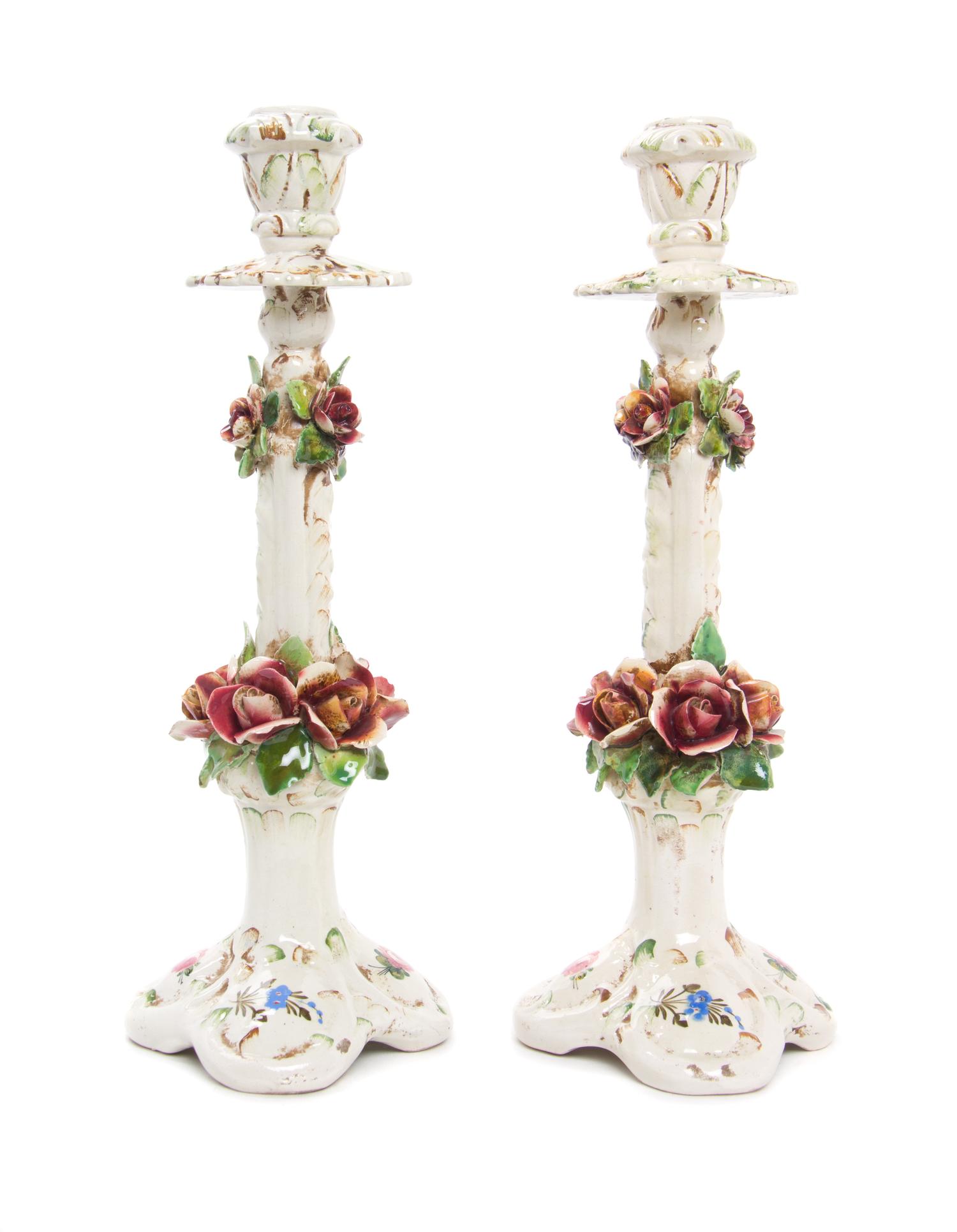 A Pair of Schierholz Porcelain Three-Light Candelabra Height 23 1/2 inches.
