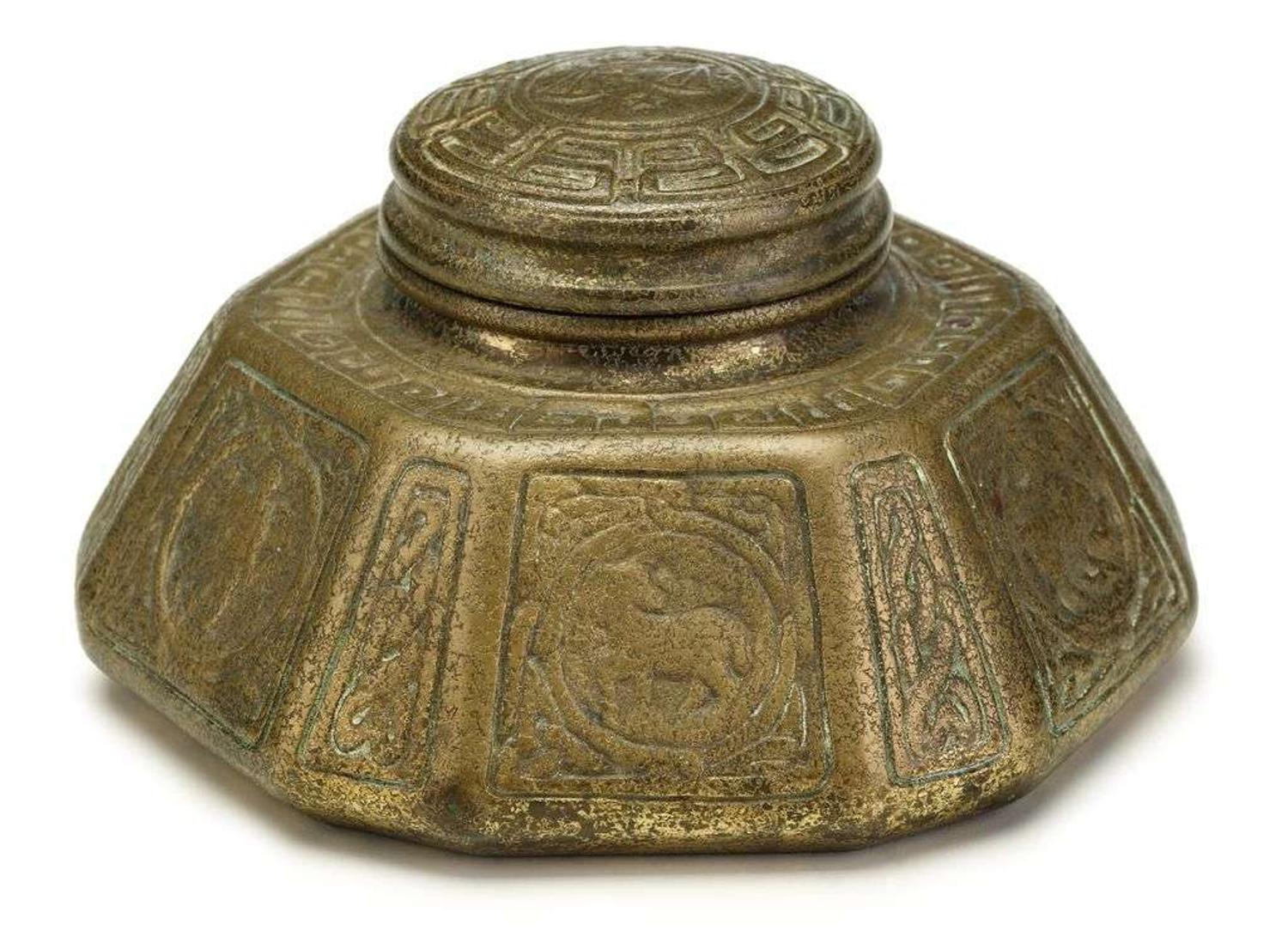 Patinated bronze "Zodiac" inkwell tiffany studios, new york, ny, 20th century