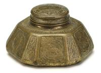 Patinated bronze "Zodiac" inkwell tiffany studios, new york, ny, 20th century
