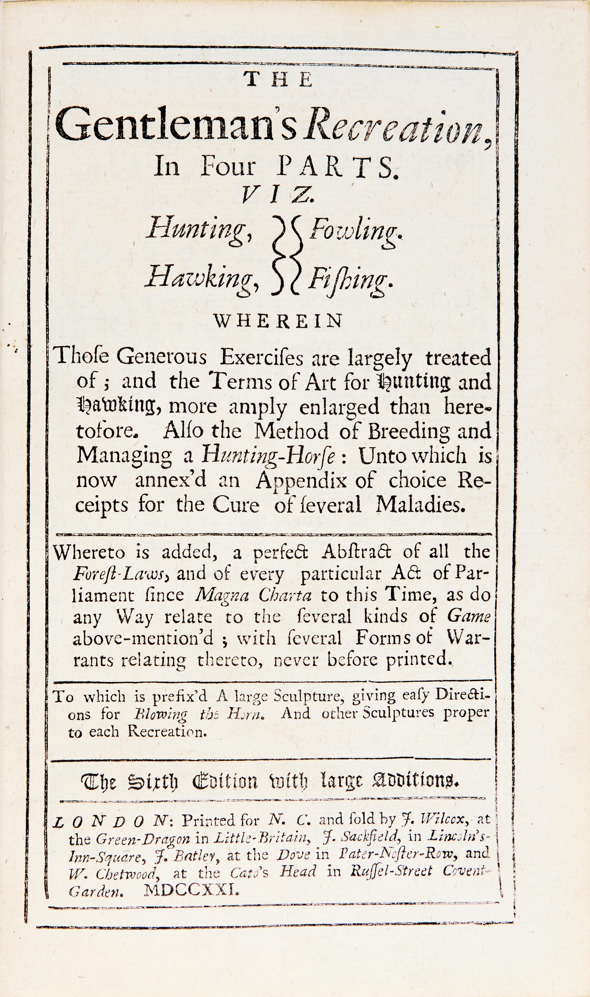 [Sporting] (Cox, Nicholas). The Gentleman's Recreation, In Four Parts. viz. Hunting, Fowling, Hawking, Fishing...