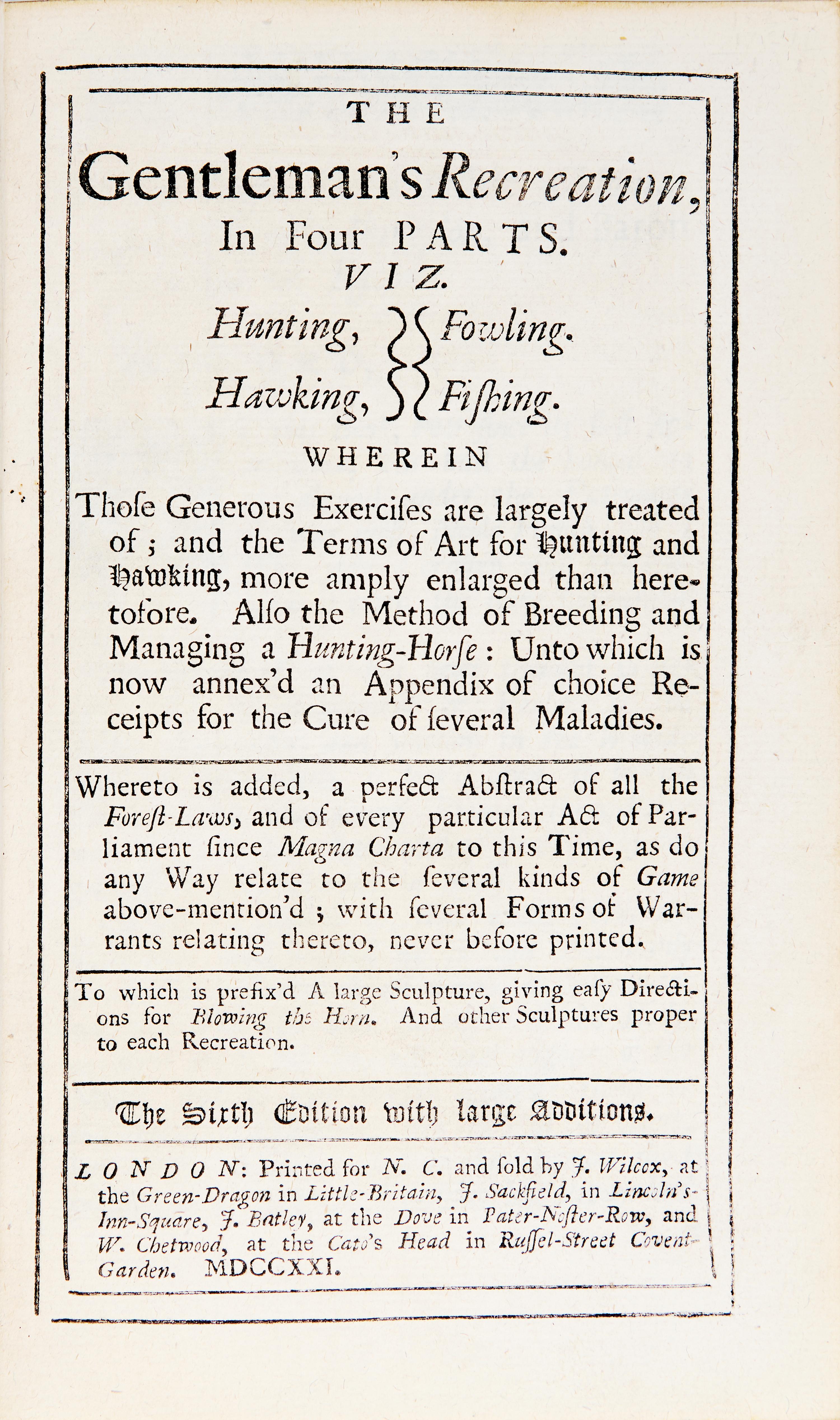 [Sporting] (Cox, Nicholas). The Gentleman's Recreation, In Four Parts. viz. Hunting, Fowling, Hawking, Fishing...