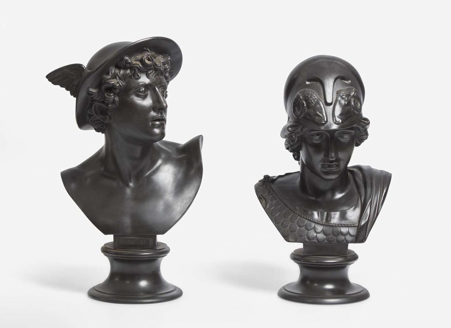 Two Wedgwood black basalt busts depicting Mercury and Minerva England, late 19th century