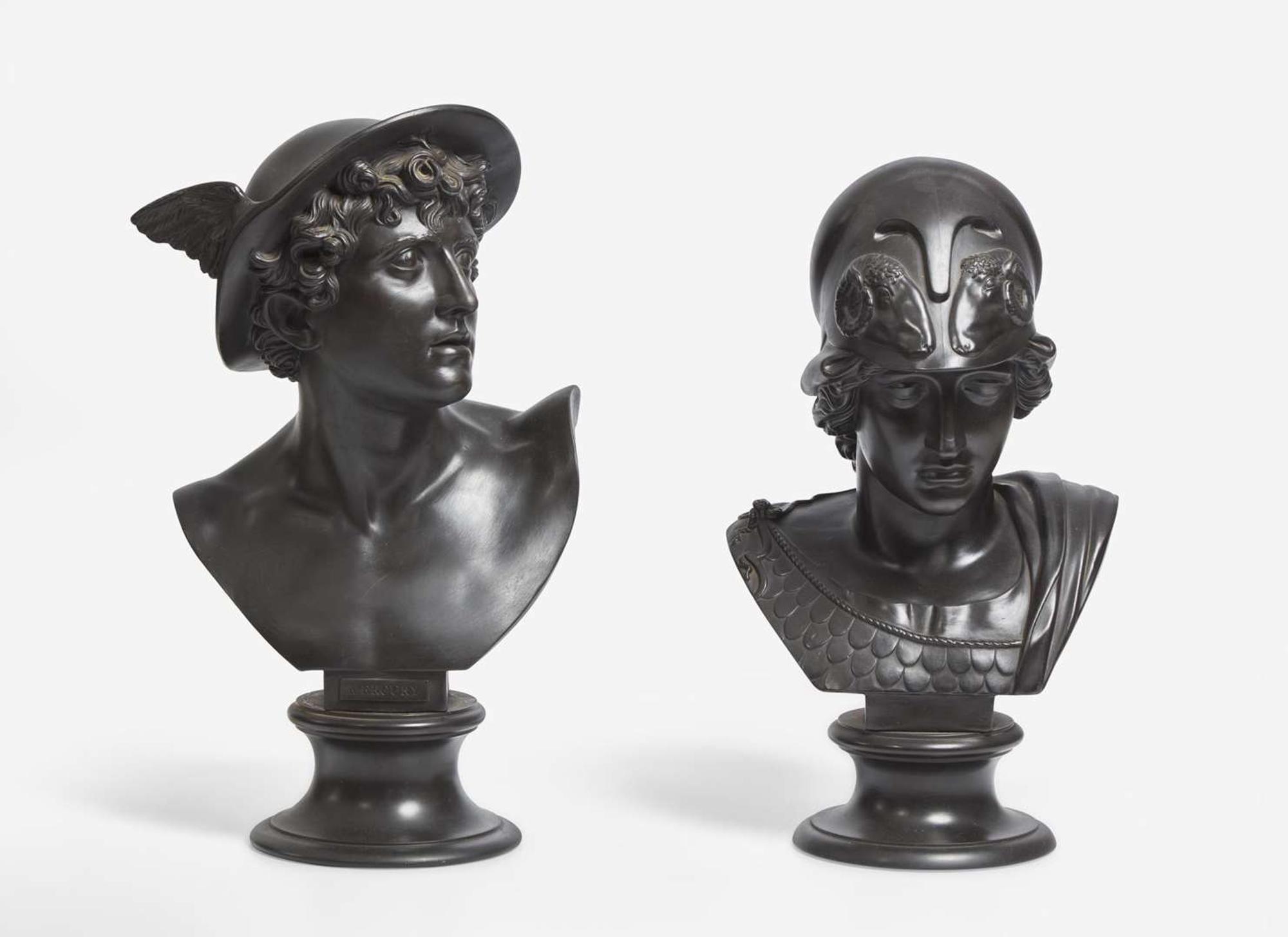 Two Wedgwood black basalt busts depicting Mercury and Minerva England, late 19th century