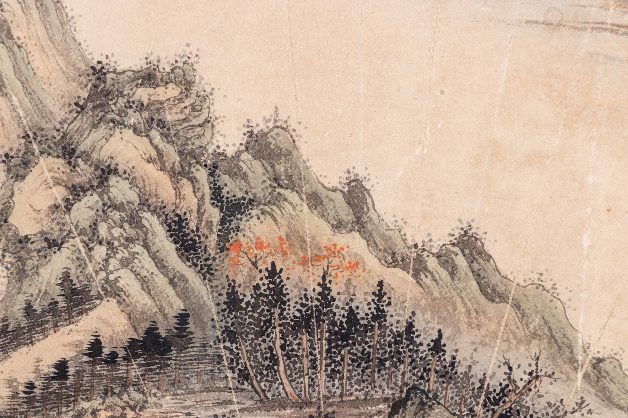 Four 'Landscape' Ink and Color on Paper Folding Fan Leaves