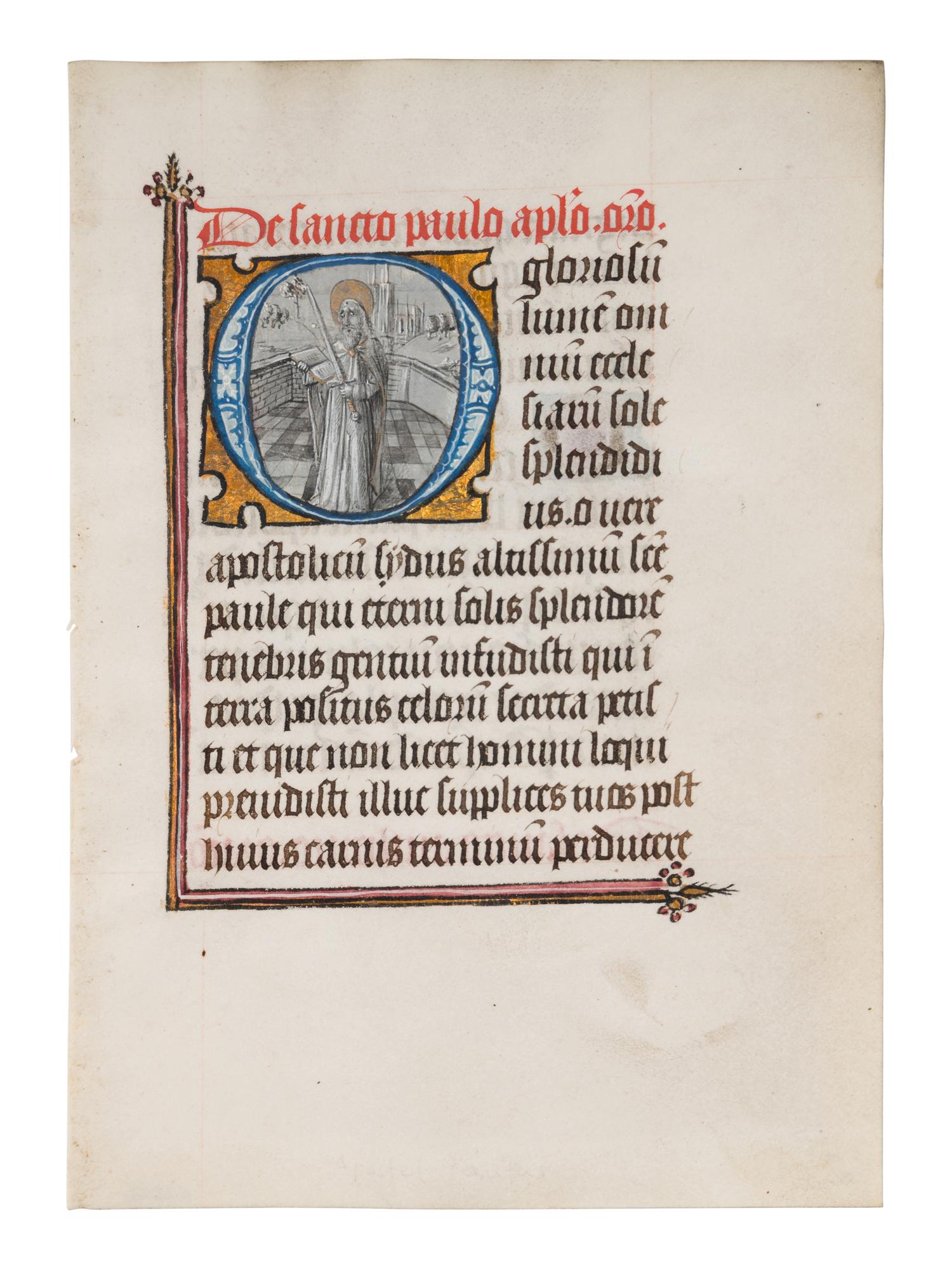 WORKSHOP OF WILLEM VRELANT (active Bruges, c. 1454-1481) A leaf from a Book of Hours, including a historiated initial ‘O’ of St. Paul, in Latin, illuminated manuscript on parchment [Flanders, Bruges, c. 1470-1480]