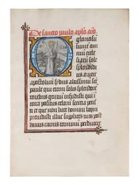 WORKSHOP OF WILLEM VRELANT (active Bruges, c. 1454-1481) A leaf from a Book of Hours, including a historiated initial ‘O’ of St. Paul, in Latin, illuminated manuscript on parchment [Flanders, Bruges, c. 1470-1480]