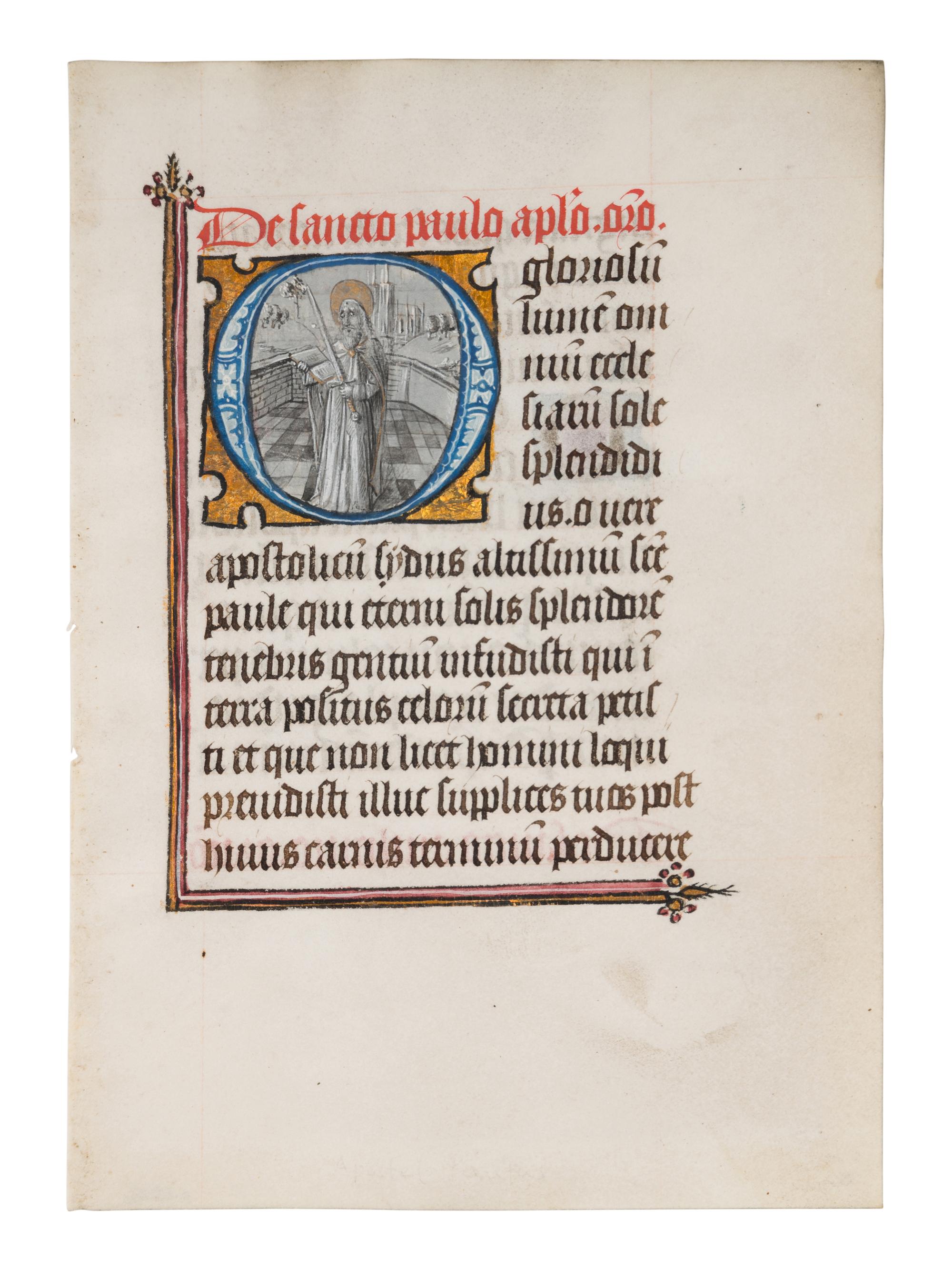 WORKSHOP OF WILLEM VRELANT (active Bruges, c. 1454-1481) A leaf from a Book of Hours, including a historiated initial ‘O’ of St. Paul, in Latin, illuminated manuscript on parchment [Flanders, Bruges, c. 1470-1480]