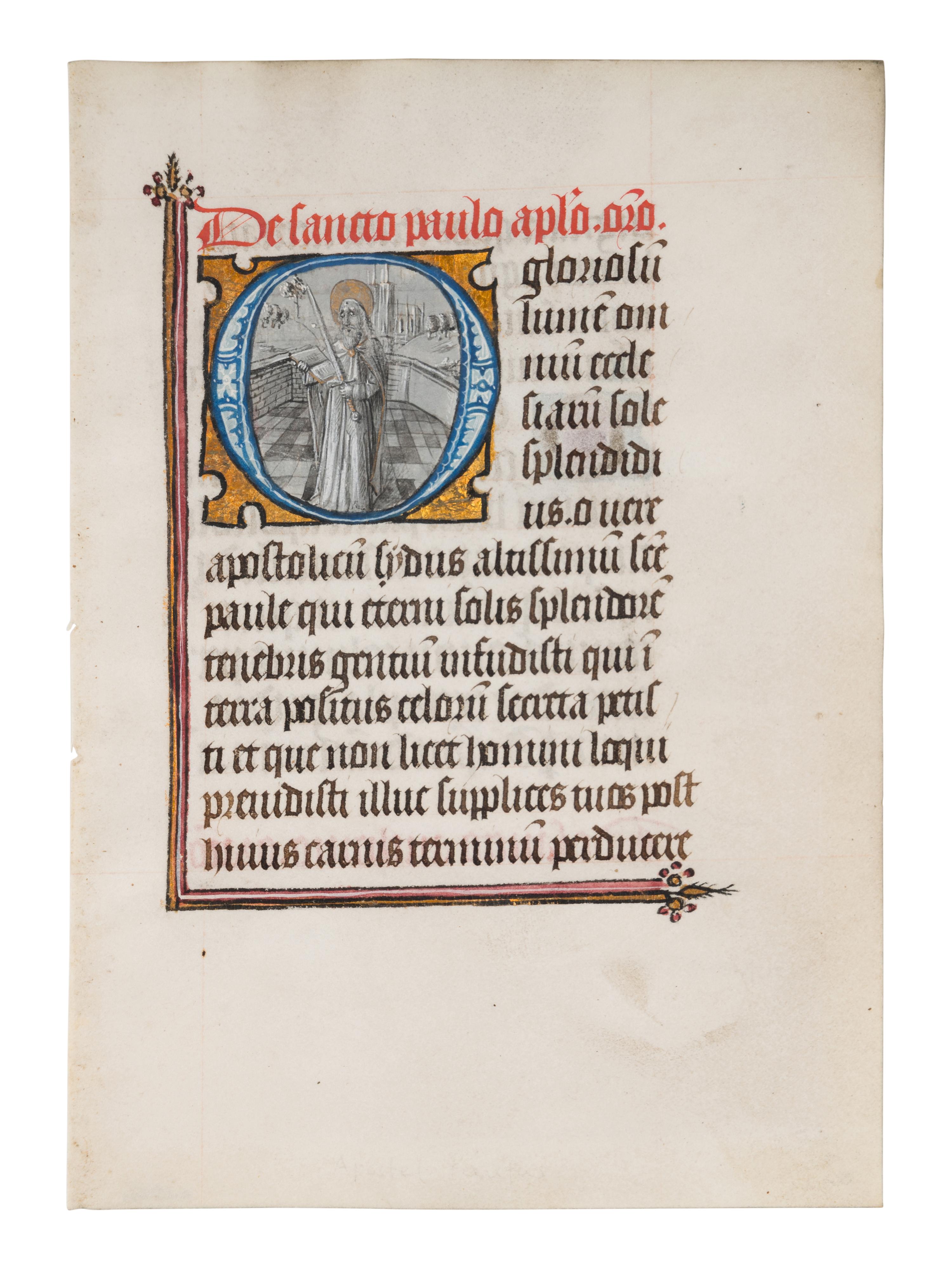 WORKSHOP OF WILLEM VRELANT (active Bruges, c. 1454-1481) A leaf from a Book of Hours, including a historiated initial ‘O’ of St. Paul, in Latin, illuminated manuscript on parchment [Flanders, Bruges, c. 1470-1480]