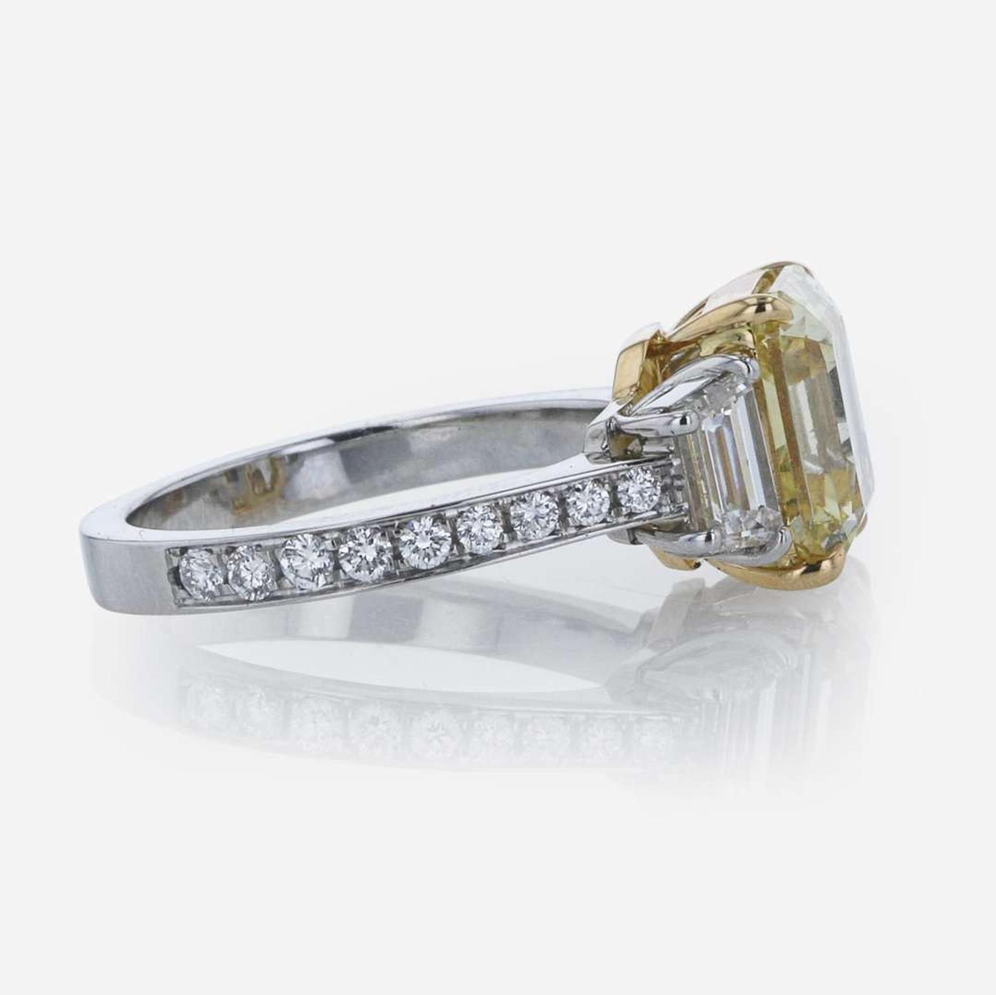 Colored Diamond, Platinum, and 18K White Gold Ring 4.41 Carat Rectangular Step-Cut Colored Diamond, GIA Certified