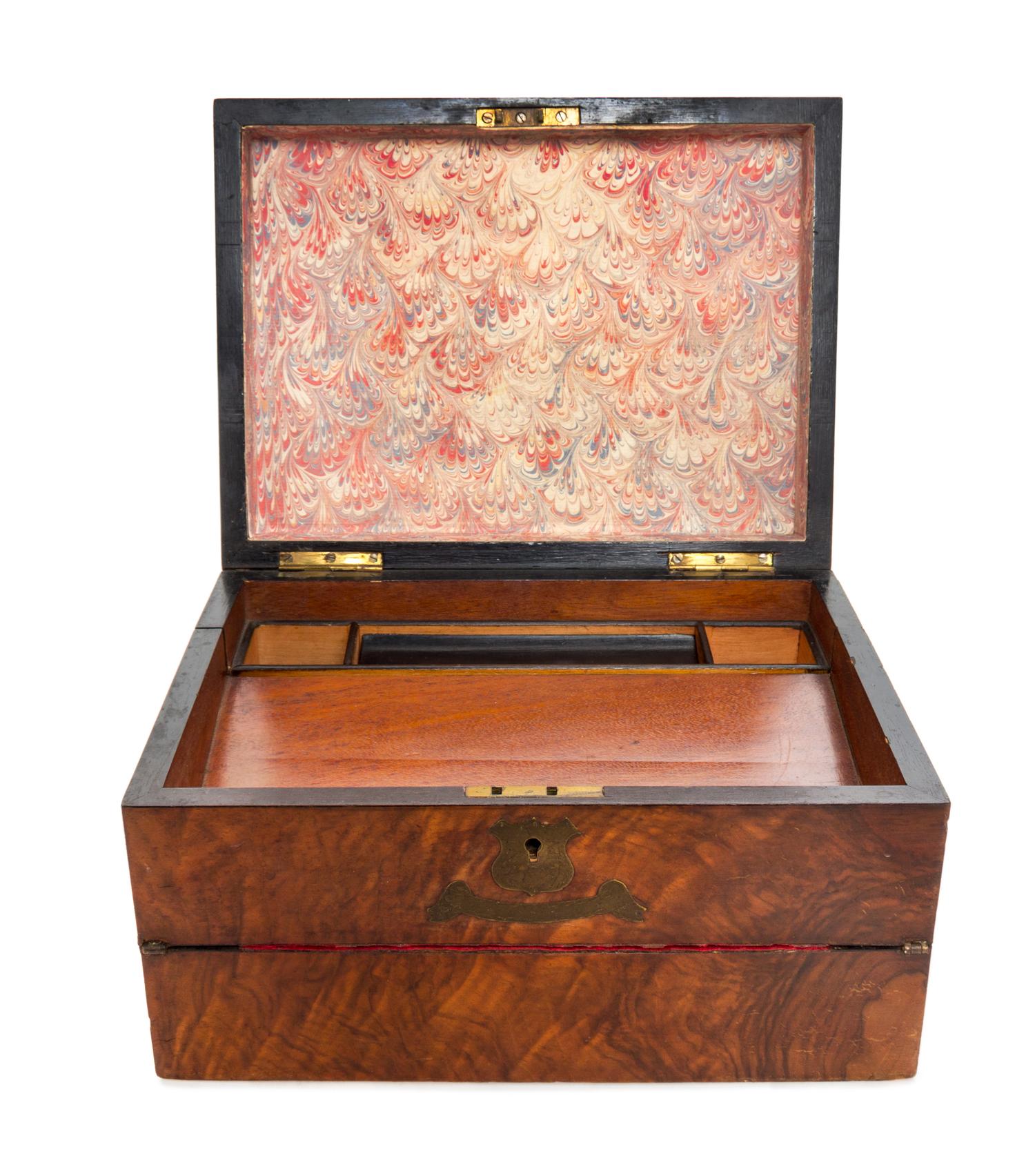 An English Brass Inlaid Burlwood Writing Box Height 6 3/4 x width 12 x depth 9 inches. — 19TH CENTURY