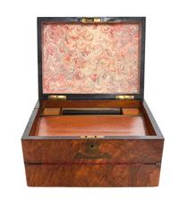 An English Brass Inlaid Burlwood Writing Box Height 6 3/4 x width 12 x depth 9 inches. — 19TH CENTURY