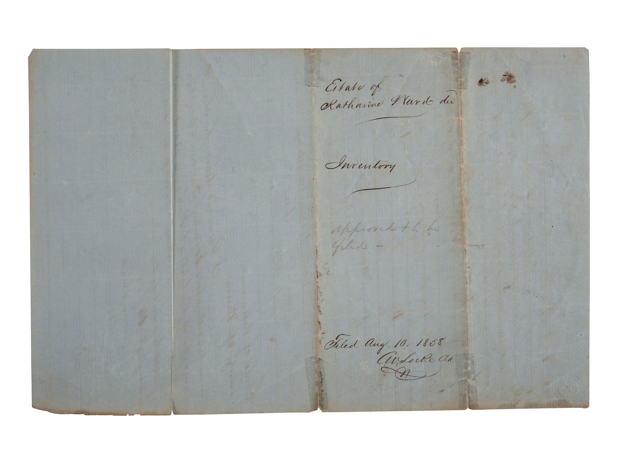 [SLAVERY & ABOLITION]. Two manuscript inventories of the estate of Catherine Ward, each listing 10 enslaved individuals. Union County, AR, 10 August 1858 and 24 January 1859.