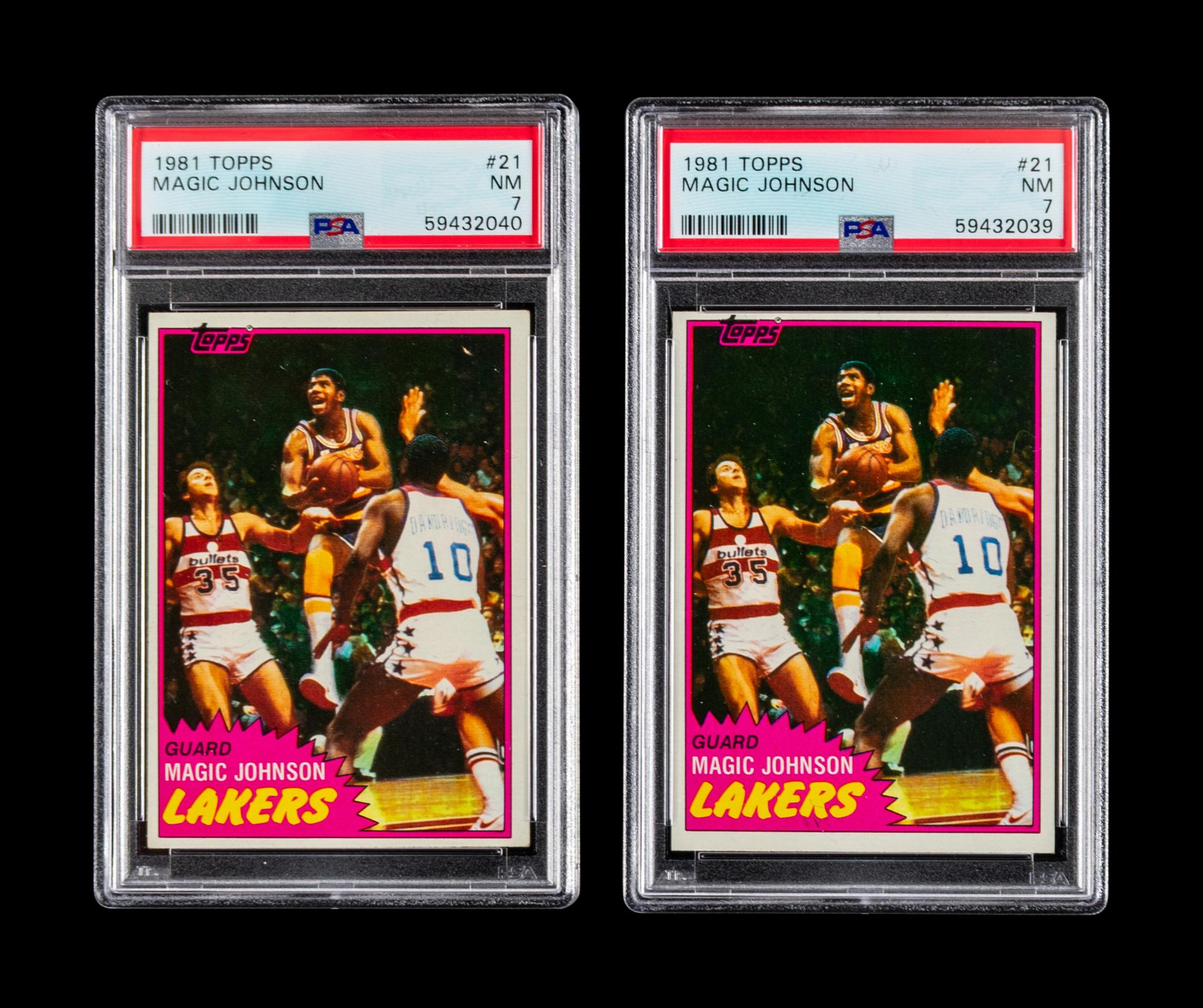 A Group of Two 1981 Topps Magic Johnson Basketball Cards No. 21 (PSA 7 NM)