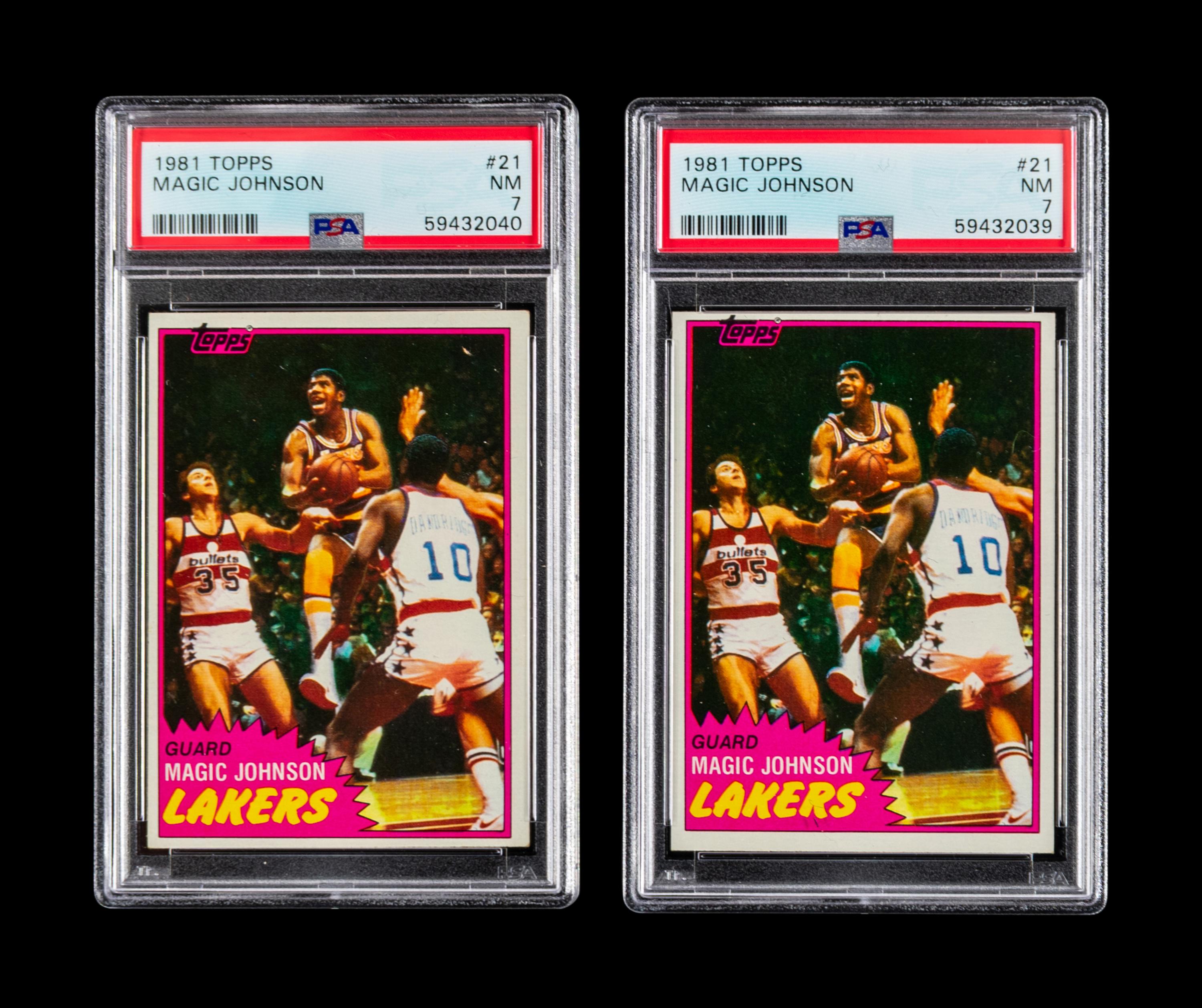 A Group of Two 1981 Topps Magic Johnson Basketball Cards No. 21 (PSA 7 NM)