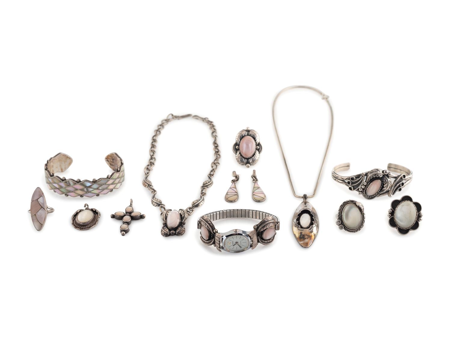 Assortment of Navajo and Zuni Silver and Shell Jewelry