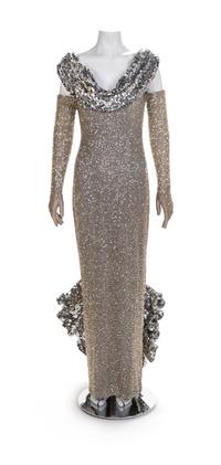 Gray Sheath Dress with Sequin Hem and Long Gloves, 1980-1990