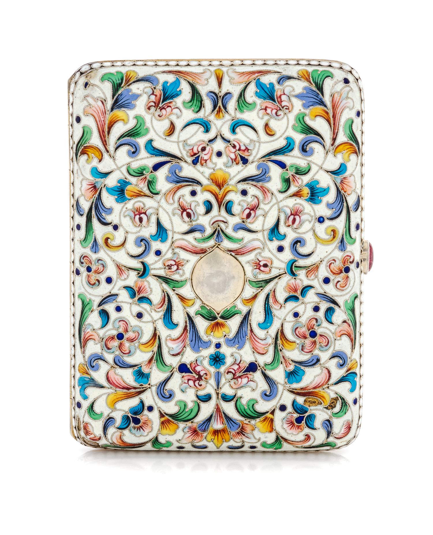 A Russian Enameled Silver Cigarette Case, Maker's mark AL, kokoshnik mark of Ivan Lebedkin, Moscow, early 20th century, the case with p
