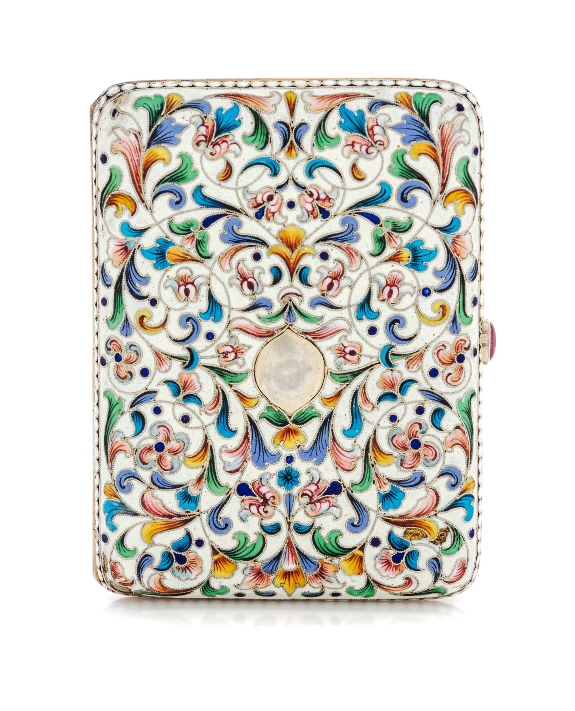 A Russian Enameled Silver Cigarette Case, Maker's mark AL, kokoshnik mark of Ivan Lebedkin, Moscow, early 20th century, the case with p