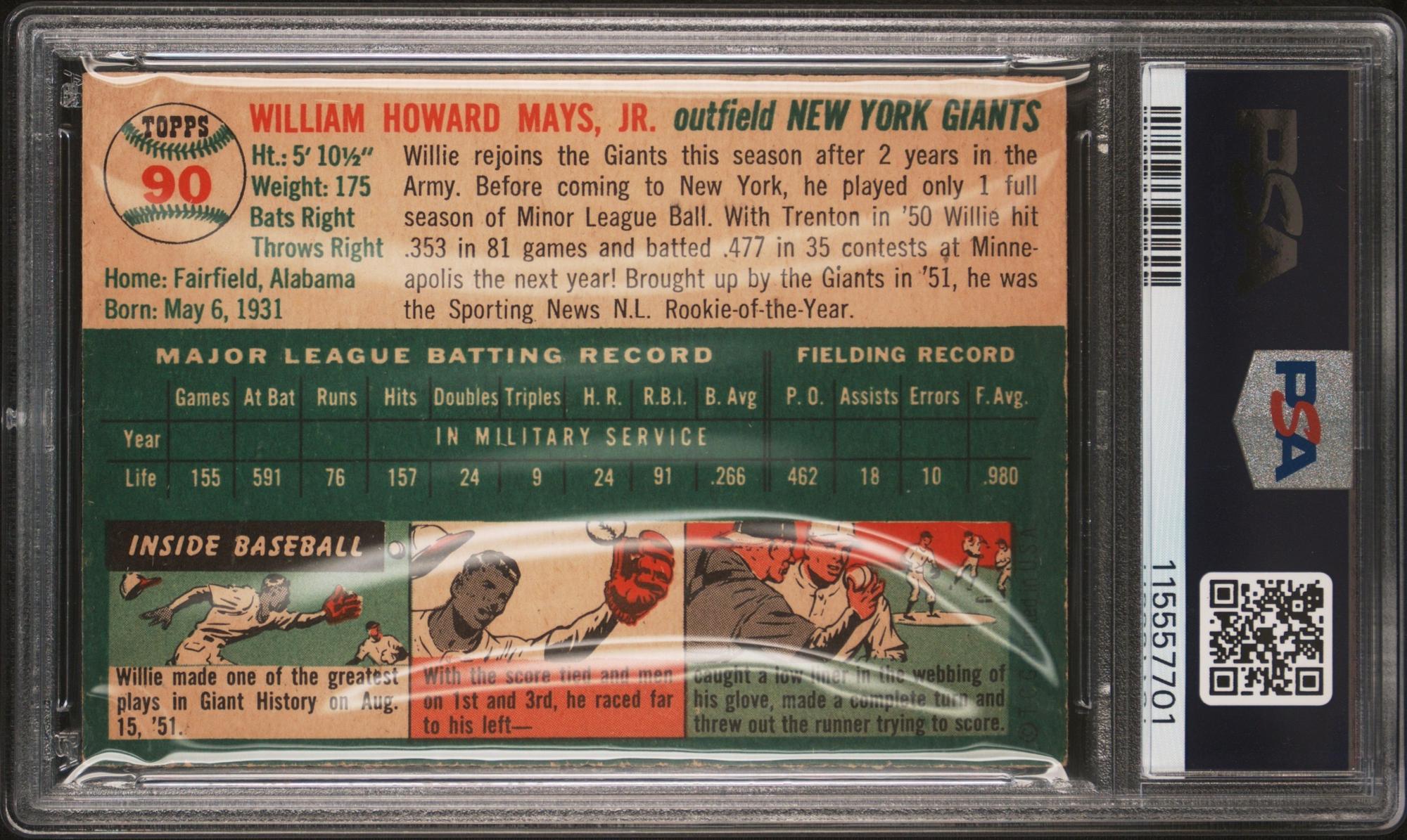 A 1954 Topps Willie Mays Baseball Card No. 90 (PSA 4 VG-EX) from The Collection of David Eisenhower