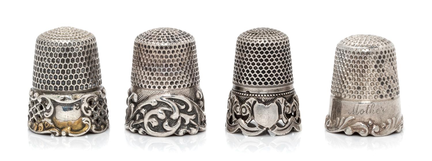 Four Silver Thimbles, Various Makers, comprising an example having a knurled top and body above a plain band engraved Mother's, Ketcham