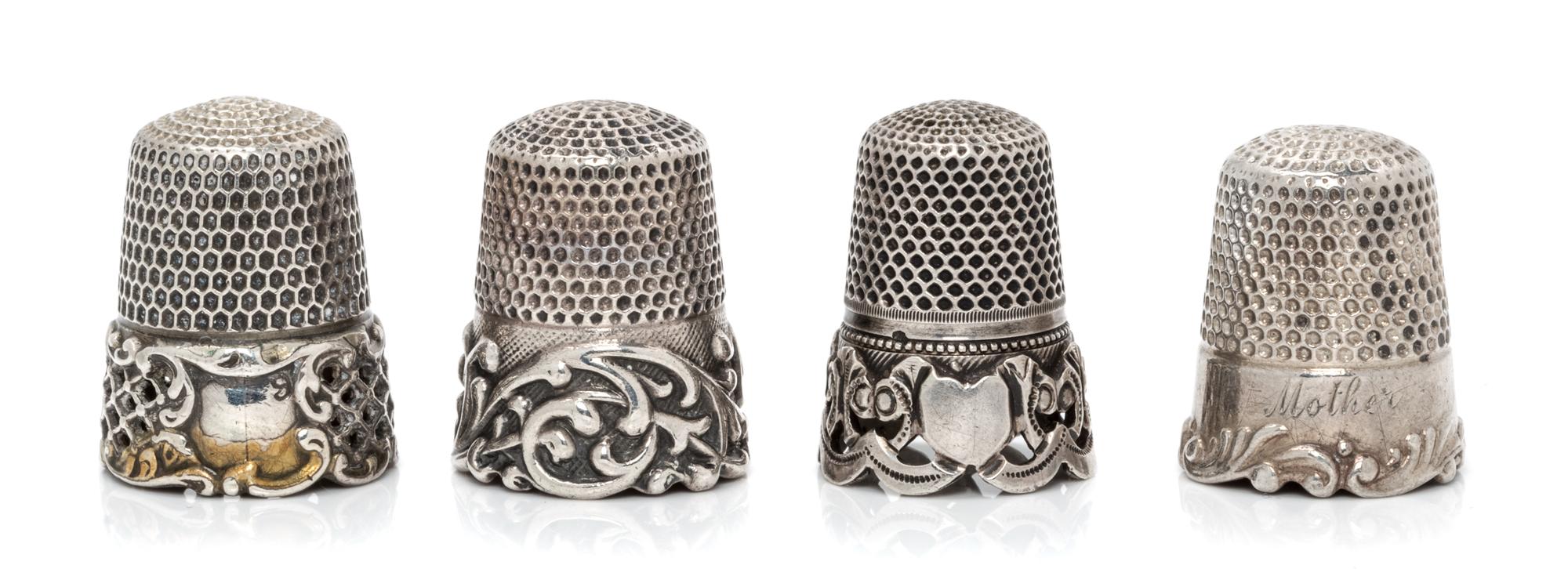 Four Silver Thimbles, Various Makers, comprising an example having a knurled top and body above a plain band engraved Mother's, Ketcham