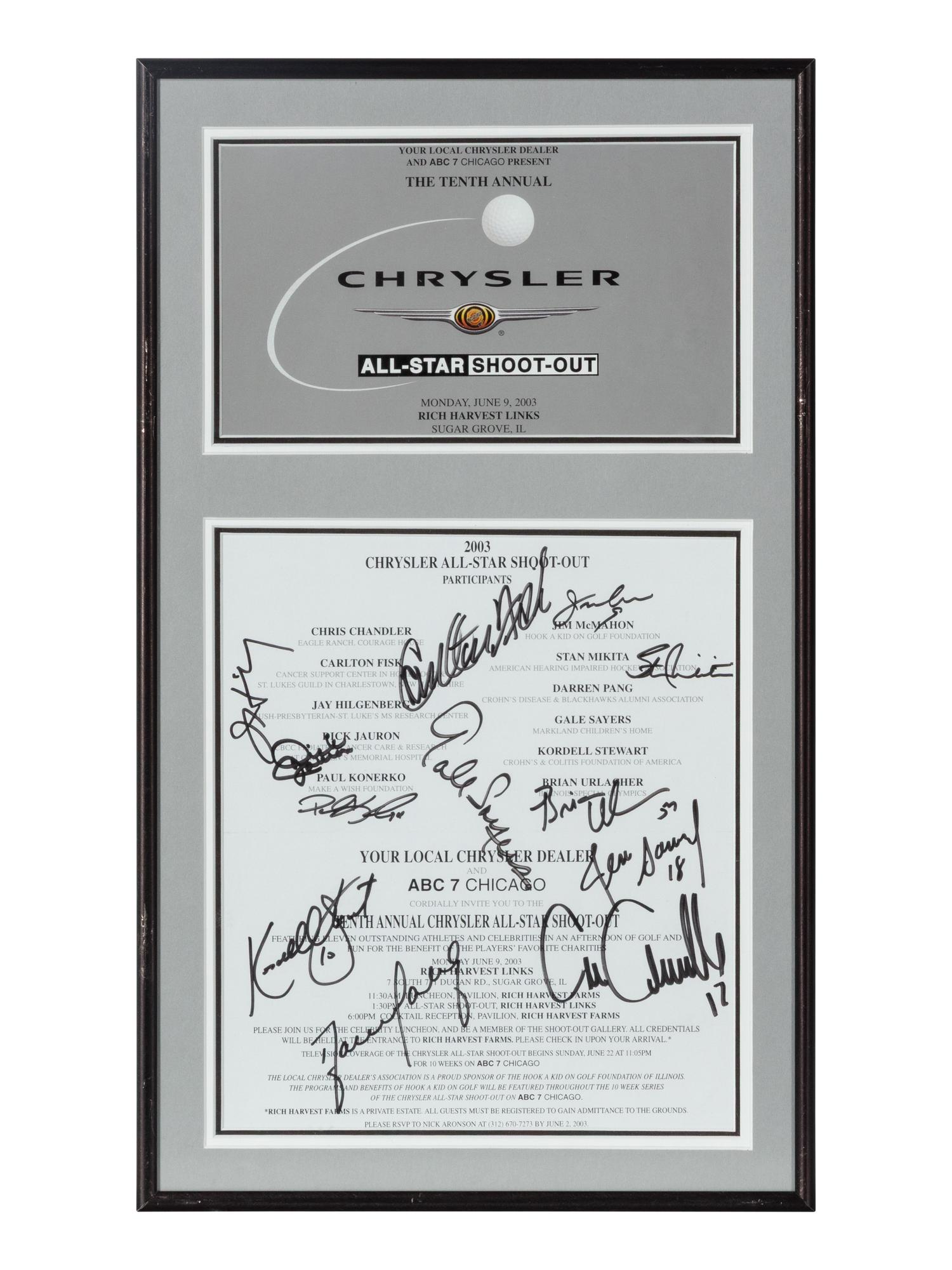 A Collection of Five Framed Chrysler Golf Shootout Signed Autograph Invitations Including Michael Jordan