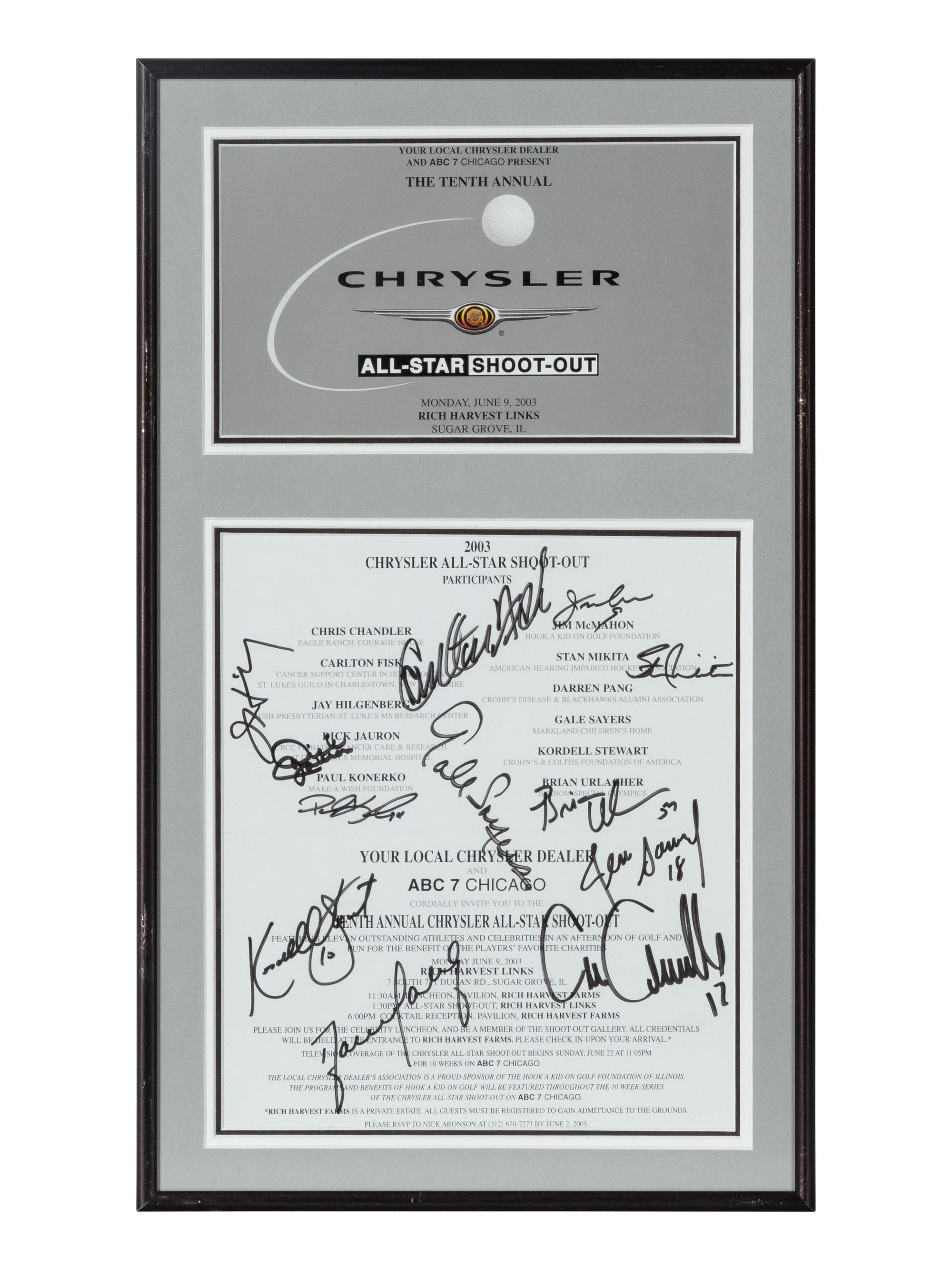A Collection of Five Framed Chrysler Golf Shootout Signed Autograph Invitations Including Michael Jordan