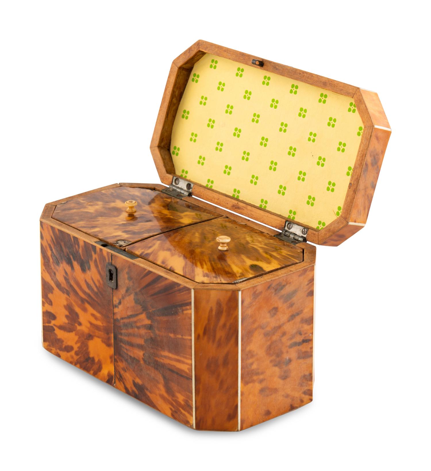 A Regency Tortoise Shell Octagonal Tea Caddy