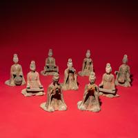 Nine Chinese Painted Grey Pottery Musicians, Late Northern Wei-Northern Qi Dynasty — 北魏晚期-北齊 灰陶彩繪伎樂俑一組九件