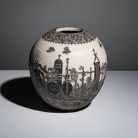 Hector Javier Martinez Mendez and Gabriela Periz de Martinez (Mata Ortiz, 20th century) — Black-on-Cream Sgraffito Pottery Jar, Remembering Artist Past - Day