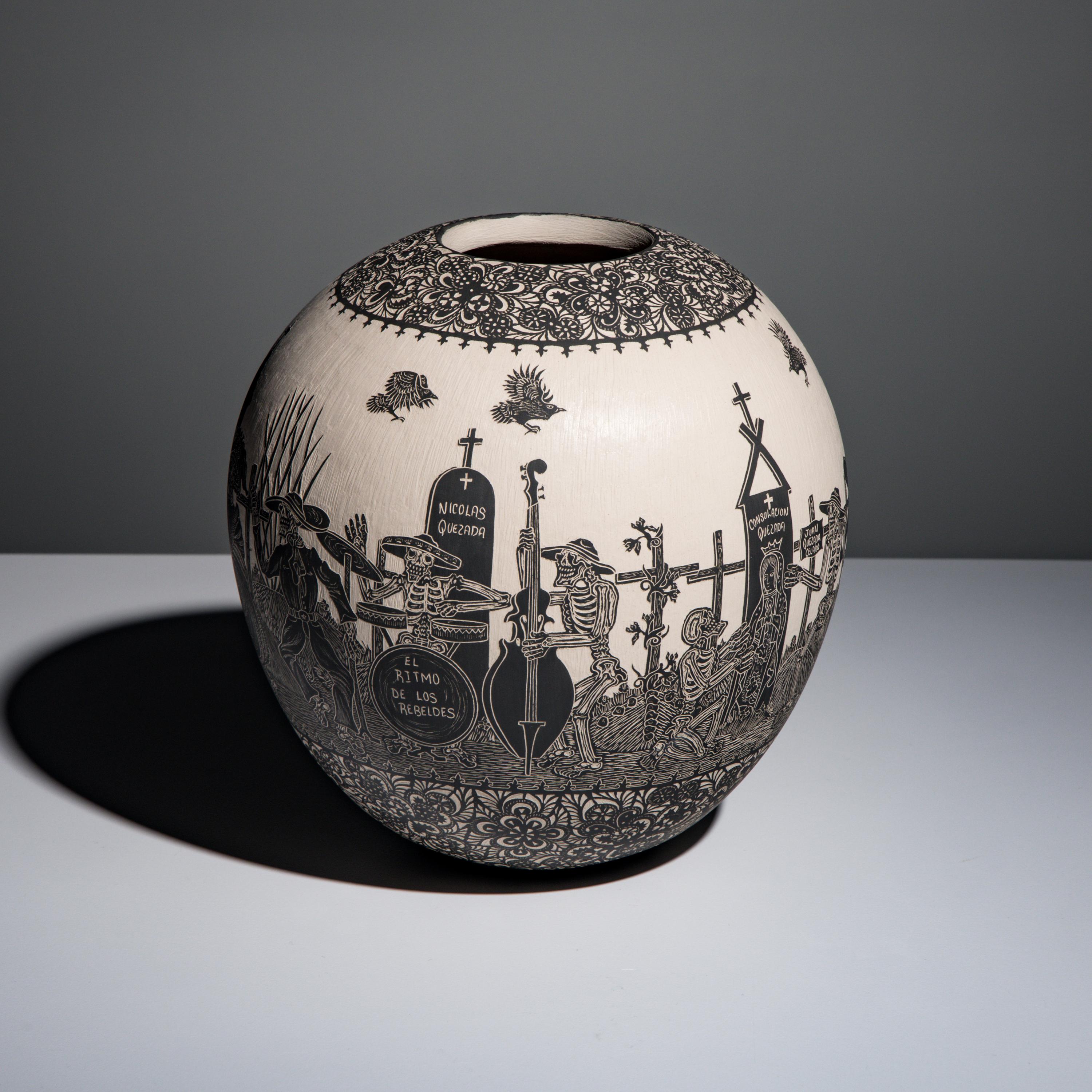 Hector Javier Martinez Mendez and Gabriela Periz de Martinez (Mata Ortiz, 20th century) — Black-on-Cream Sgraffito Pottery Jar, Remembering Artist Past - Day