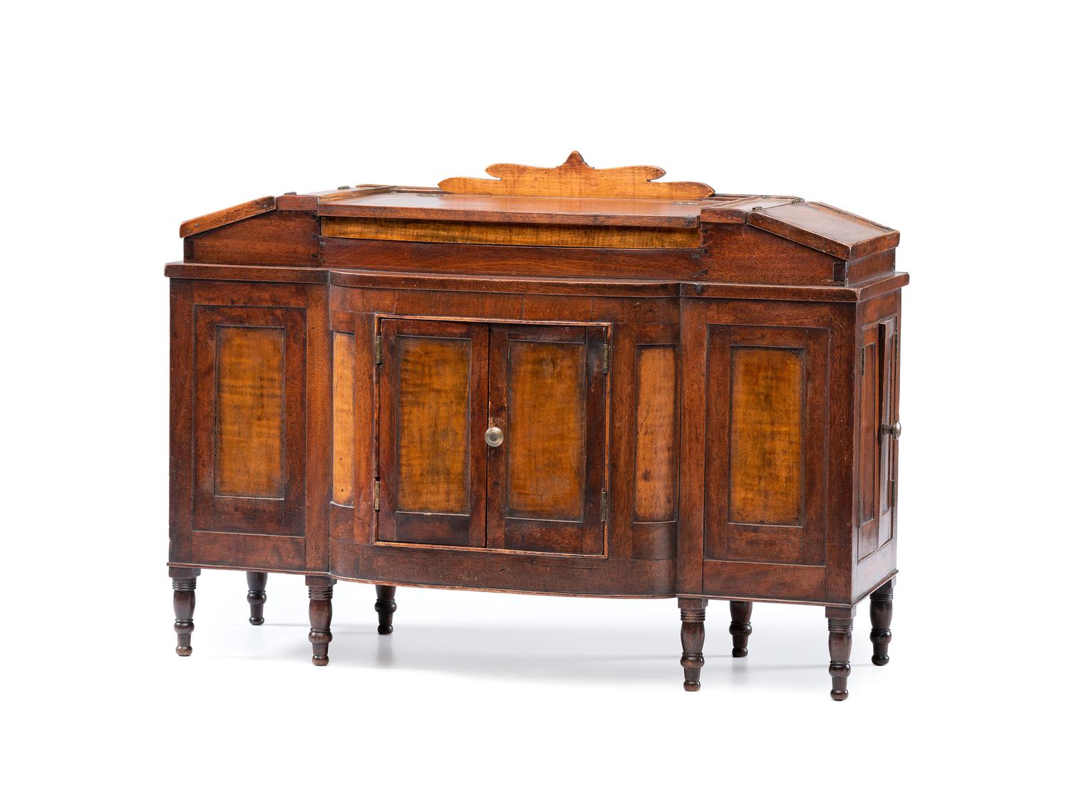 A Miniature Late Federal Tiger Maple and Walnut Hinged Lid Sideboard