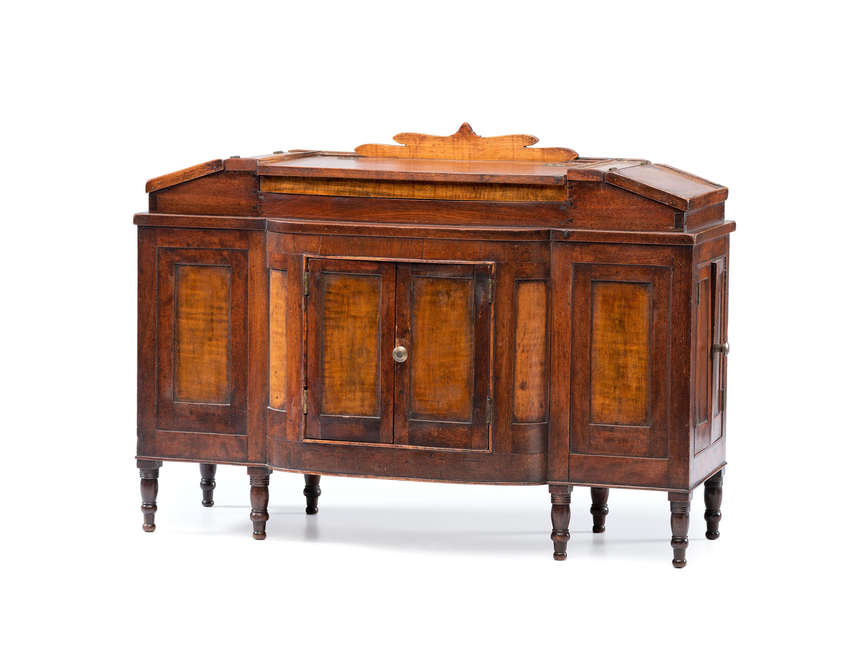 A Miniature Late Federal Tiger Maple and Walnut Hinged Lid Sideboard
