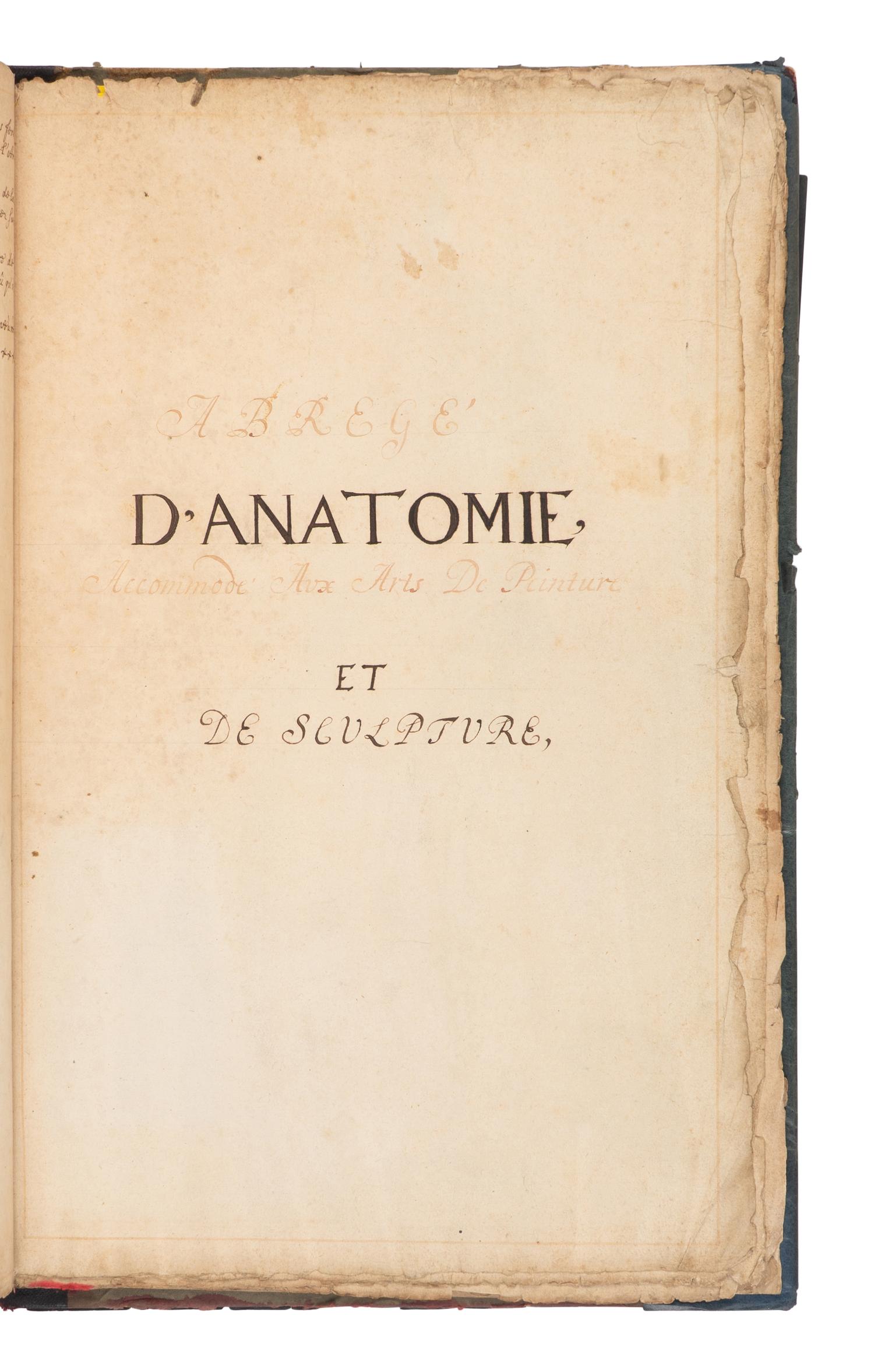[SCIENCE & MEDICINE -MANUSCRIPT]. [After TORTEBAT, Francois (c 1616-1690), illustrator. -- PILES, Roger de (1635-1709)]. "Abrege d'Anatomie Accommode aux Arts de Peinture et de Sculpture. " [France, ca 17th- early 18th century].