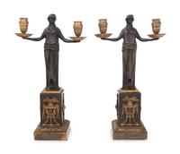 A Pair of Empire Gilt and Patinated Bronze Figural Two-Light Candelabra