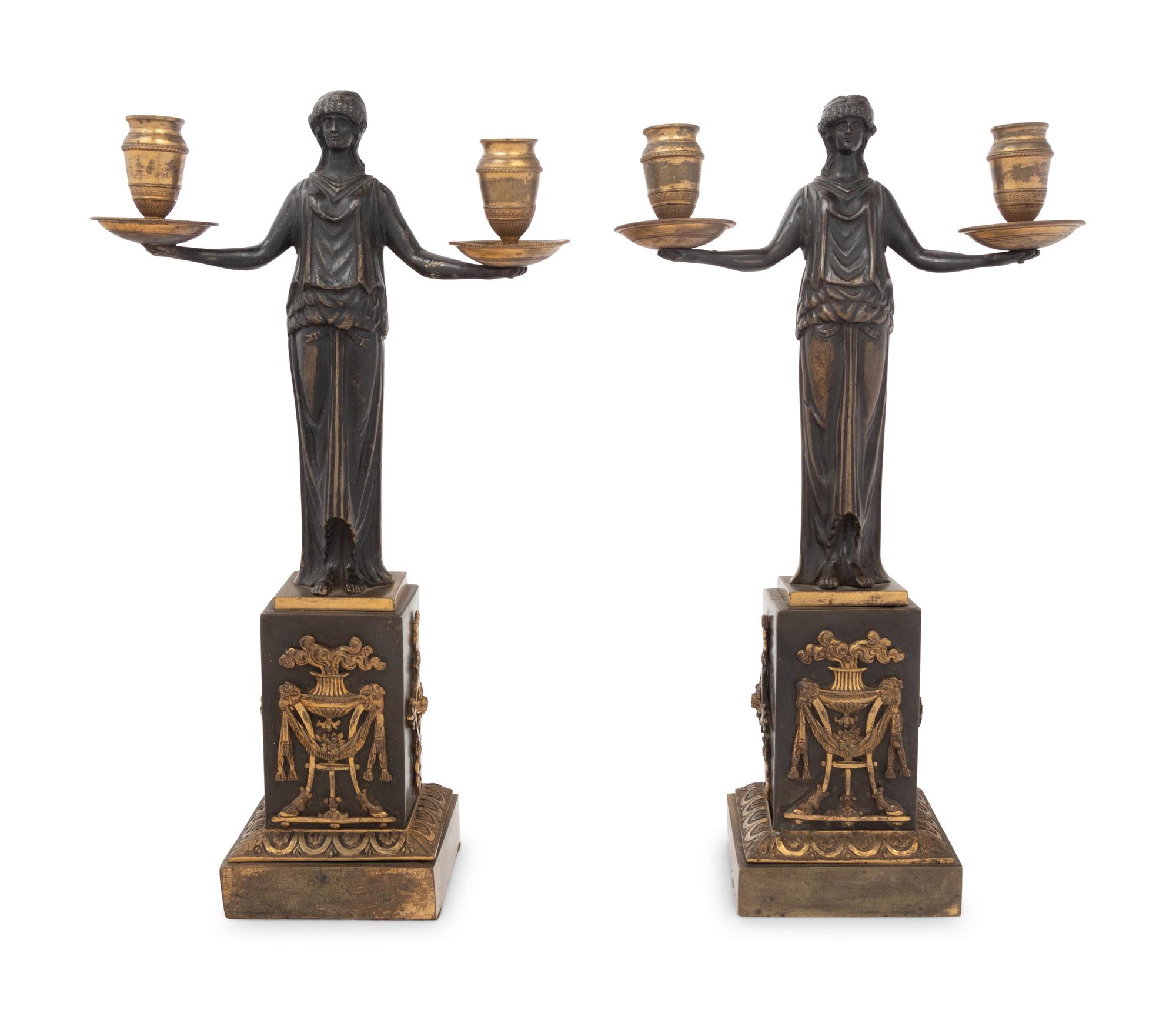 A Pair of Empire Gilt and Patinated Bronze Figural Two-Light Candelabra
