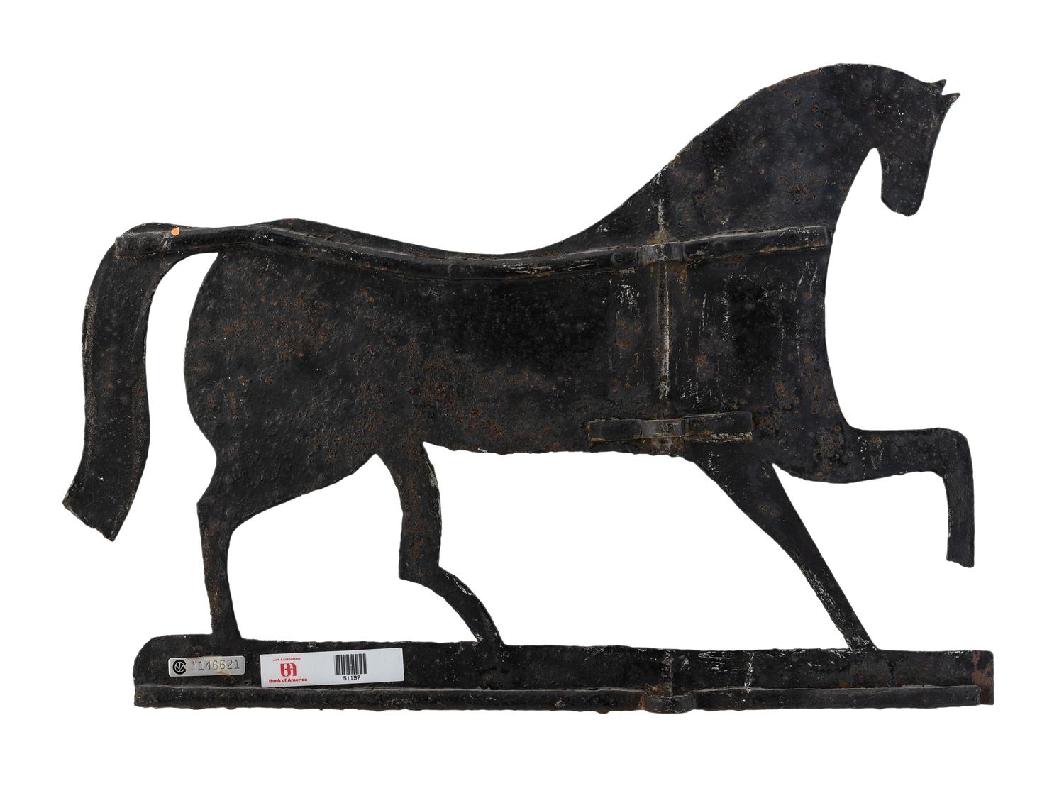 A Primitive Cut and Black Painted Sheet-Iron Horse Weathervane
