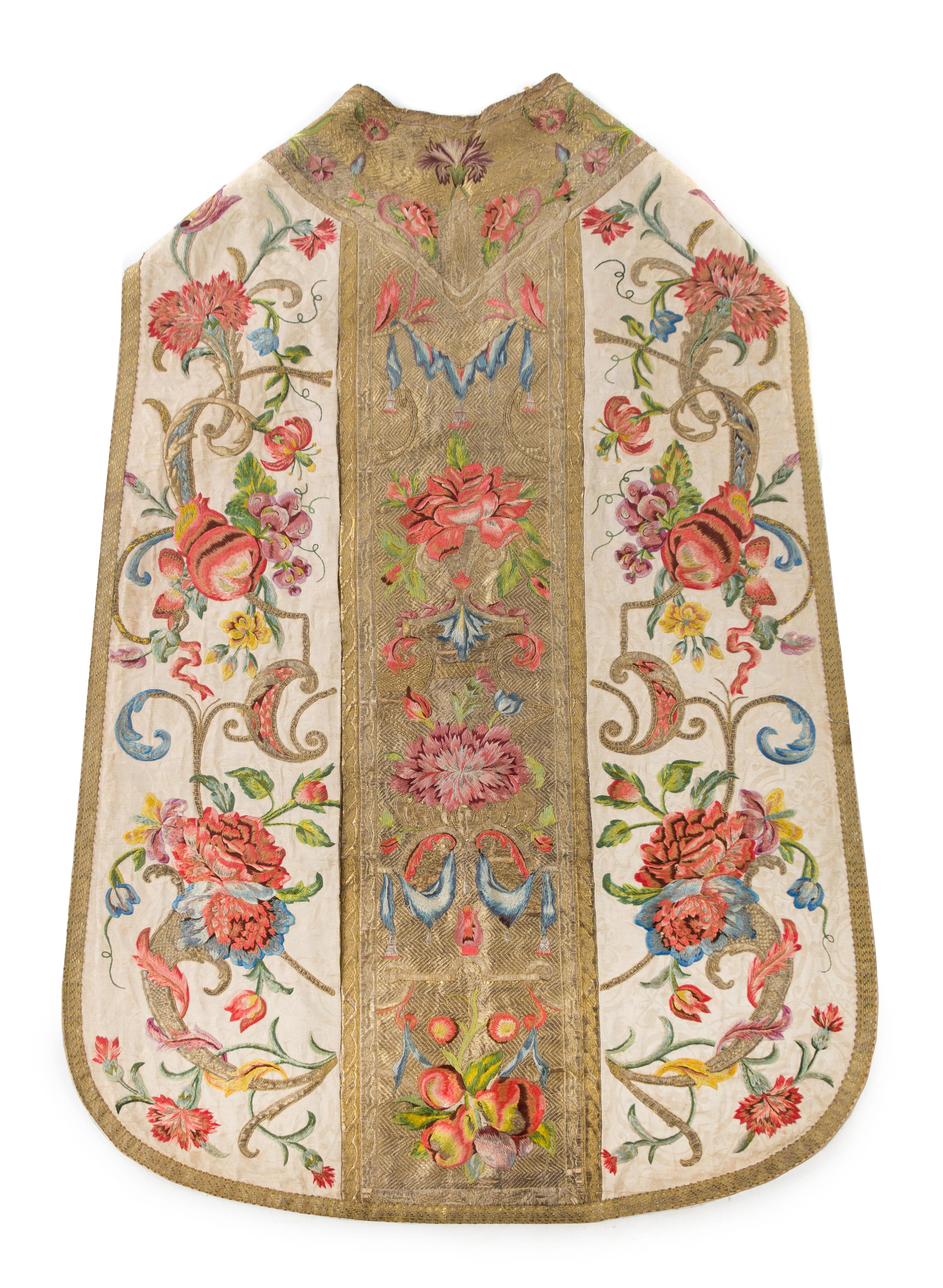 A Continental Embroidered Silk Vestment Length 42 1/2 inches.
